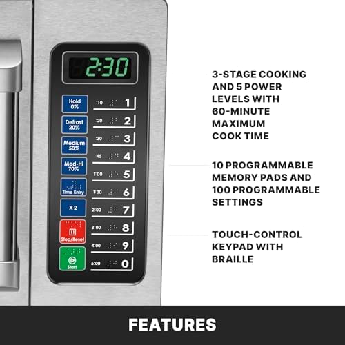 Waring Commercial WMO90 Medium Duty Microwave Oven, 0.9 Cubic Feet, 10 Programmable Memory Settings, 5 Power Levels, Stainless Steel Construction, 120V, 1000W, 5-15 Phase Plug