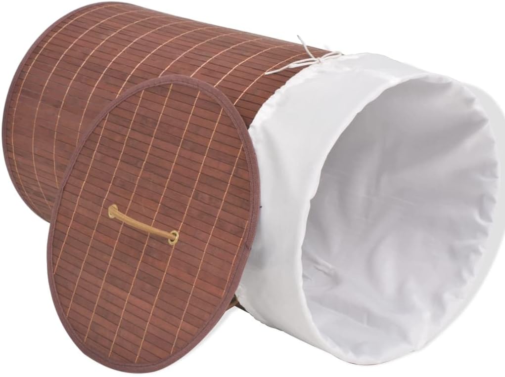 Bamboo Laundry Bin Round Brown with Removable Liner, 4-Piece Set for Home Organization and Storage, Durable Woven Polyester Fabric, Foldable and Portable Hamper Basket
