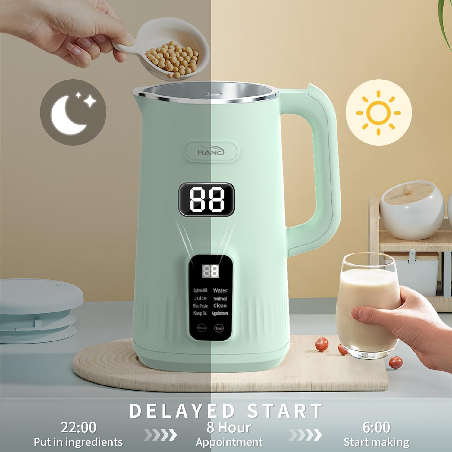 HANC Automatic 8-in-1 Nut Milk Maker Machine, 28oz Quiet Operation Soy Milk Maker, Homemade Almond, Coconut, Juice & Soup, Delay Start/Keep Warm/Self-Cleaning/Boil Water (Cyan)