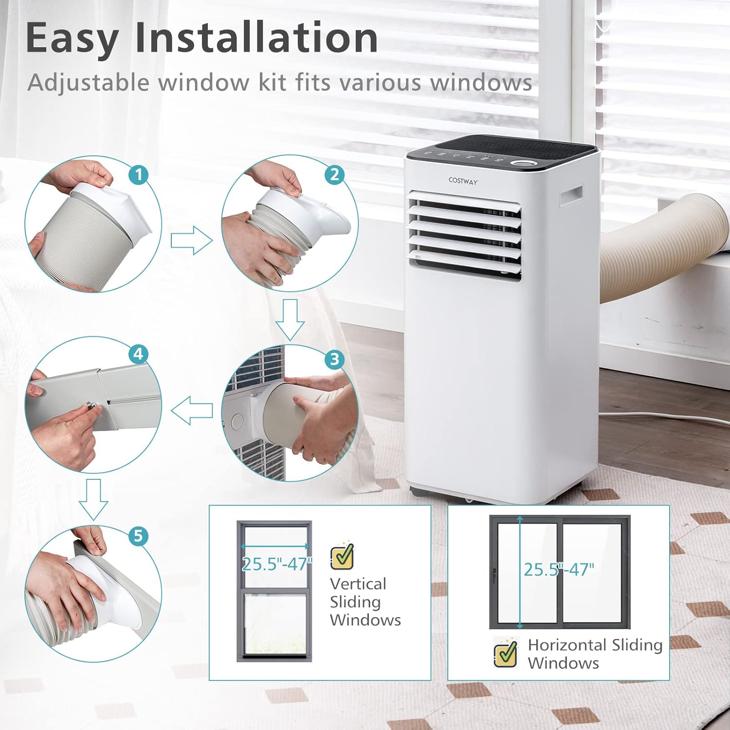 COSTWAY 8000 BTU Portable Air Conditioner, with Fan & Dehumidifier Mode, Quiet AC Unit with Sleep Mode, 2 Speeds, 24H Timer, LED Display, Remote Control, Cool Rooms up to 250 Sq.Ft (White-8000BTU)