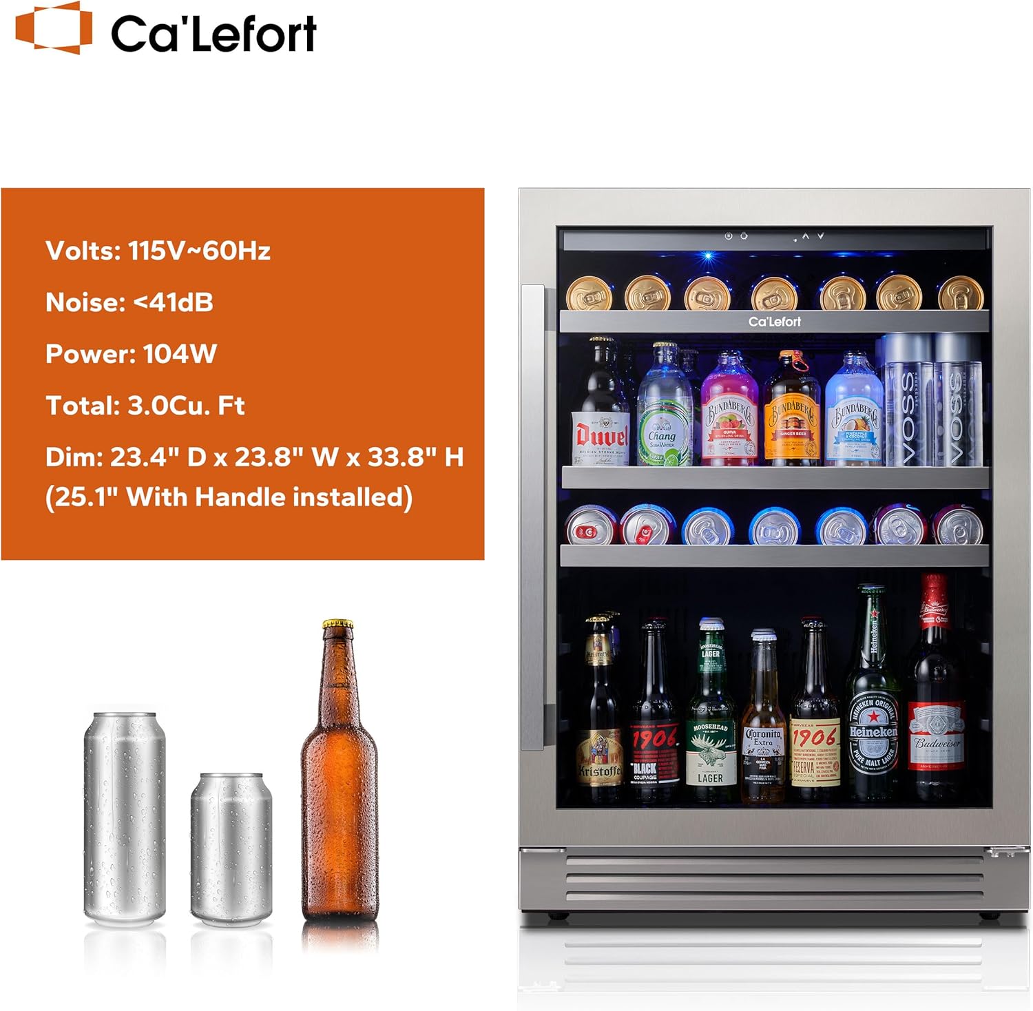 Ca'Lefort 24 Inch Beverage Refrigerator - 180 Can Beverage Fridge with 34°-54°F, Built in or Freestanding Beverage Cooler with Glass Door and 3 LED, Drink Fridge for Home/Kitchen(5.65 cu.ft)