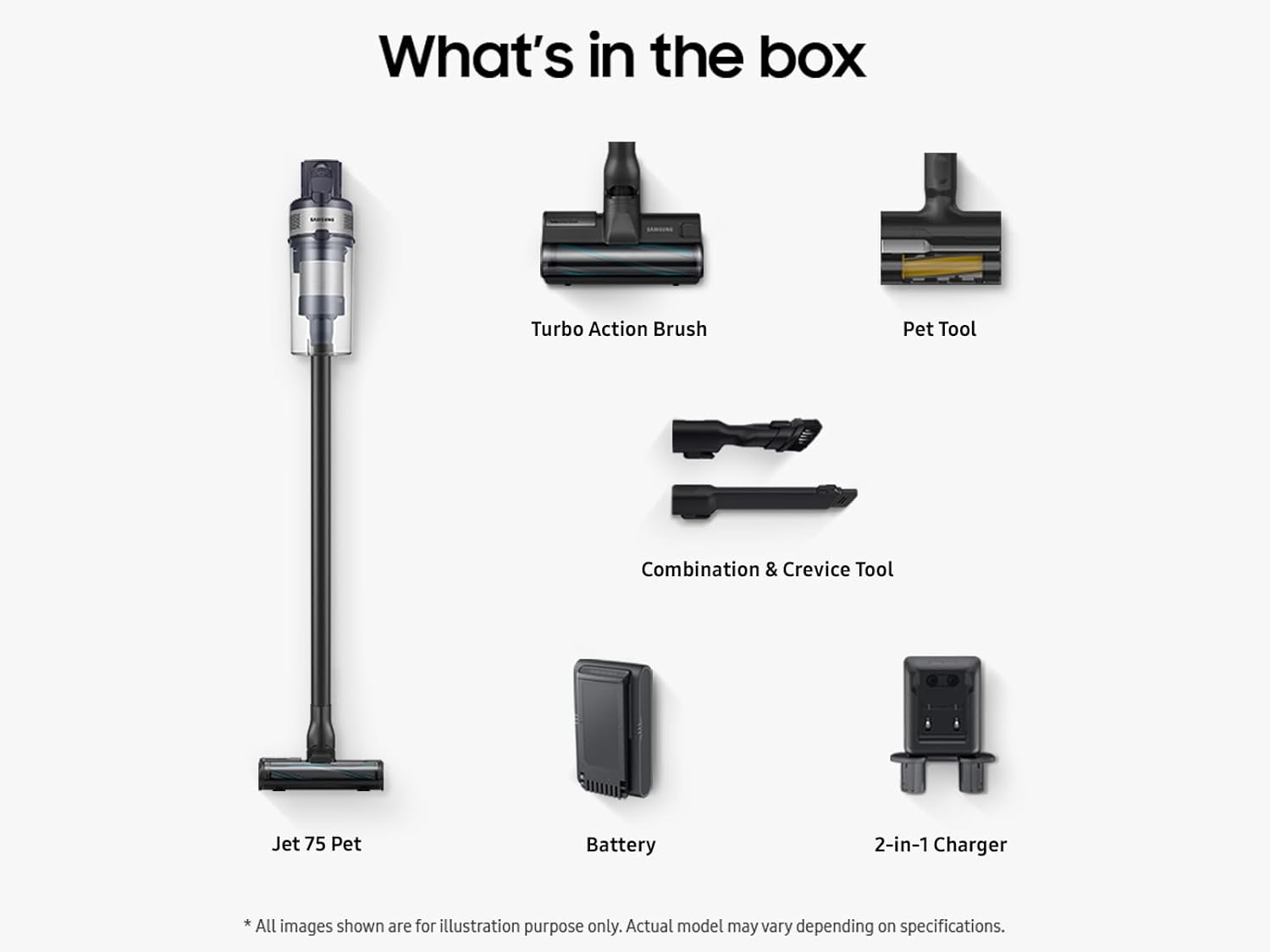 Samsung Jet 75 Pet Cordless Vacuum, Lightweight w/Turbo Action Brush, Pet Tool, Removable Battery, Powerful Cleaning for Hardwood Floors, Carpets, Area Rugs, VS20B75AGR5/AA, Silver