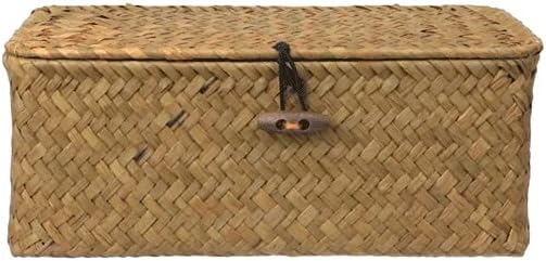 INLIMA Appliance Shelf for Kitchen Straw Basket with Lid Rattan Woven Basket Desktop Clothes Sundries Storage Box for Bedroom Home Decor (Size : Small)