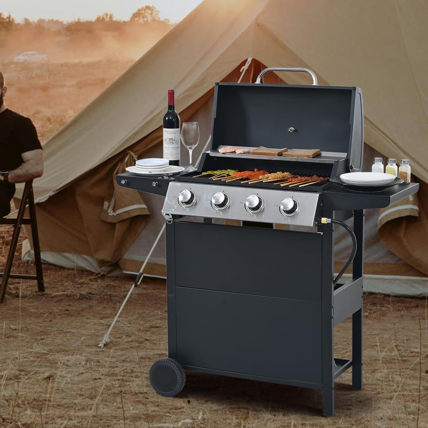 4 Burner Propane Gas Grill, 34,000 BTU Stainless Steel BBQ Grill with Lid, Side Shelves, Wheels & Bottle Opener, Outdoor Patio Garden Barbecue Grill for Backyard, Terrace & Balcony Cooking