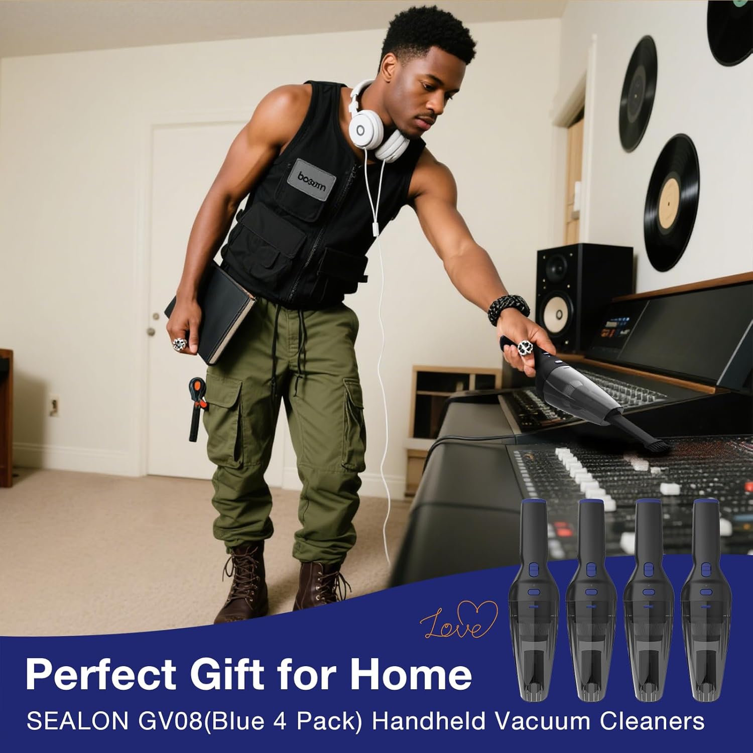 SEALON GV08 Handheld Rechargeable Car Vacuum Cleaner, 10KPa Vacuum Cleaner and Air Duster, High Power Hand Held Vacuum with LED Light and Multi-Nozzles for Car, Home, Office, Pet （Blue 4 Pack）