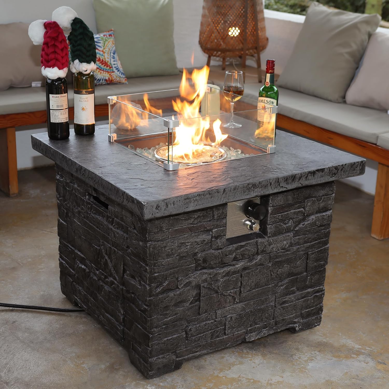 NAGA HABNA Propane Fire Pit Table, 34 Inch Outdoor Fire Table w Tank Table (50,000 BTU), Deep Grey Gas Fire Pit w Glass Wind Guard and Blue Fire Glass for Garden, Pool, Backyard (Square, Only Fire)