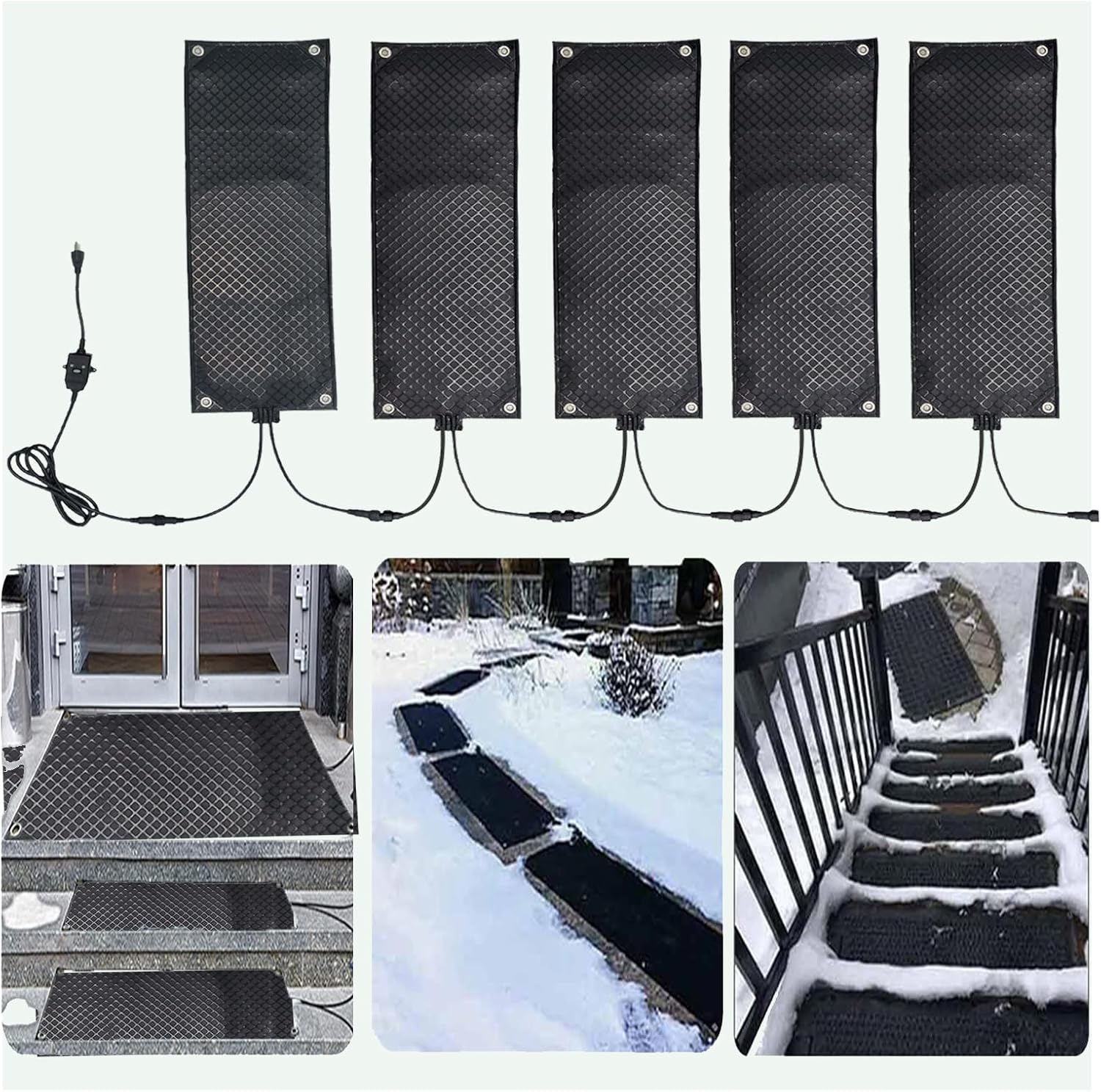 Heated Snow Melting mat Outdoor,PVC Rubber Ice Melting Mat,Non-Slip Speed Snow and Ice Heated Driveway Pad,Suitable for Winter Outdoor Stair Steps Doorway Walkway Driveway,5 pcs,9.8in x 7ft