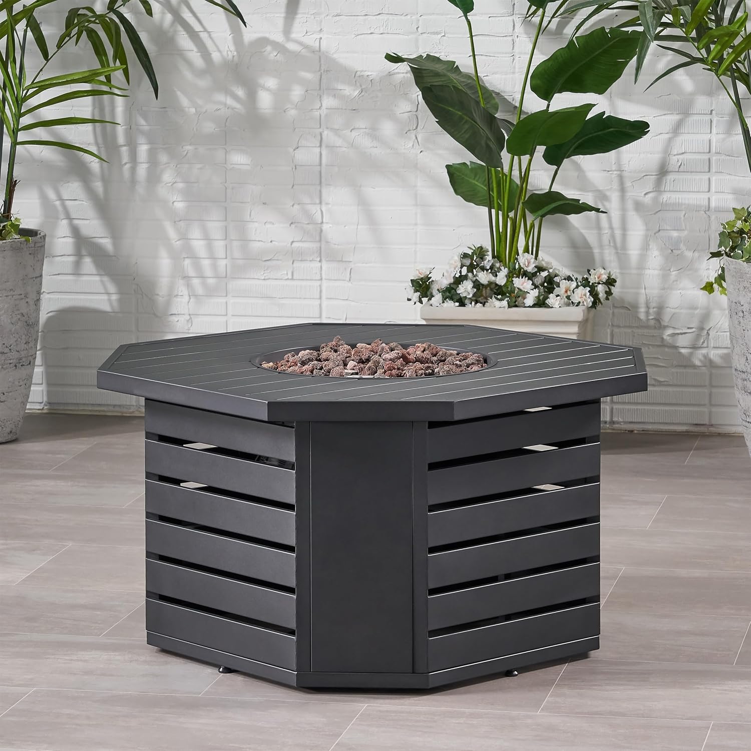50000 BTU Octagon Propane Fire Pit Table, Outdoor Iron Gas Fire Pit with Rust-Resistant Coating & Built-in Tank Storage, 45