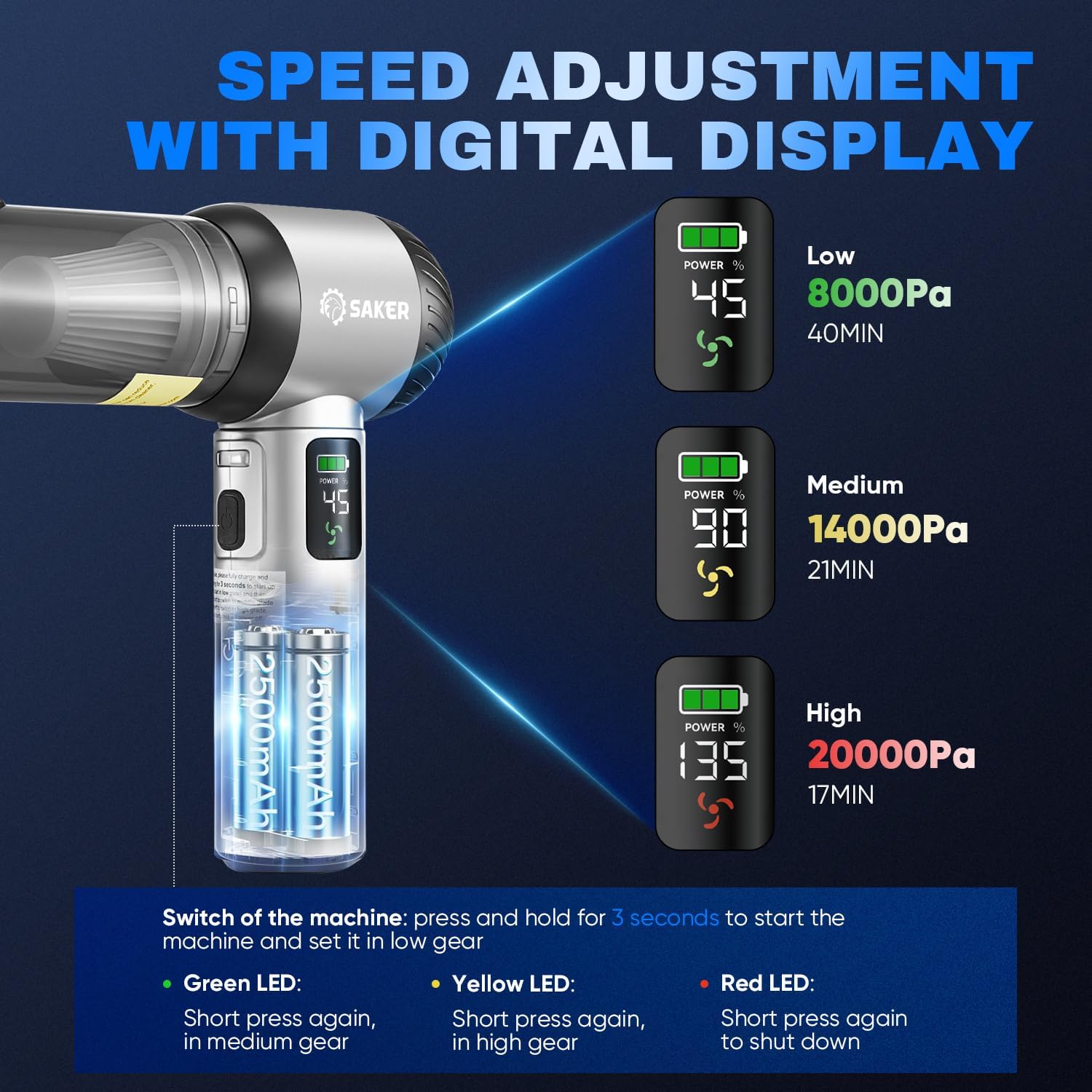 Saker Car Vacuum Cleaner HL157 4-in-1 Cordless Handheld Vacuum with 20000Pa Suction & LED Light + Original HEPA & Steel Filter Set (4PCS), Portable for Car, Home, Office, Pet Silver