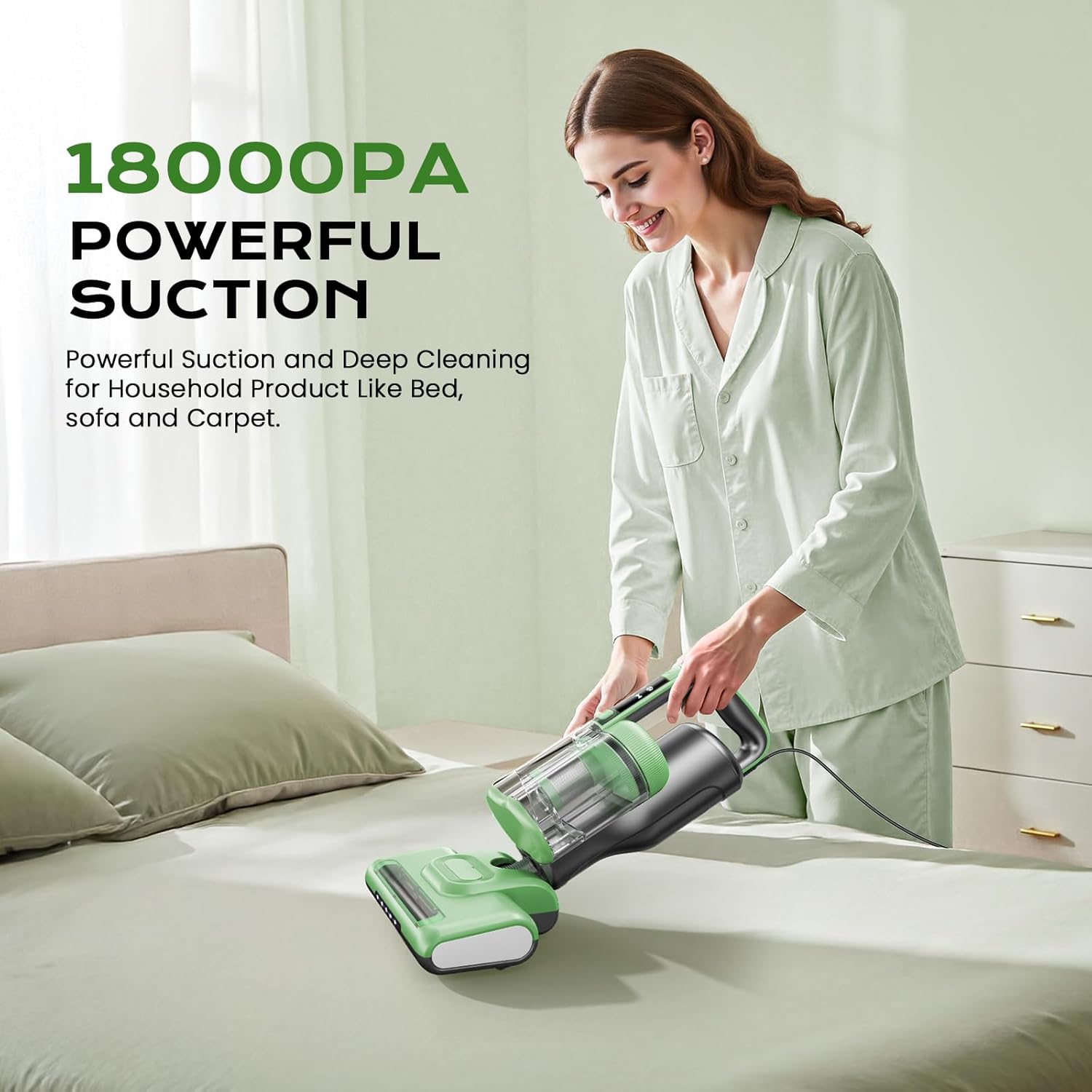Mattress Vacuum Cleaner Bed Vacuum Versatile Handheld Vacuums with 500W 18Kpa Power Suction & 253.7nm U-V-C Light & Heating Tech & 30000 RPM/Min Brush Roll Rotation Corded