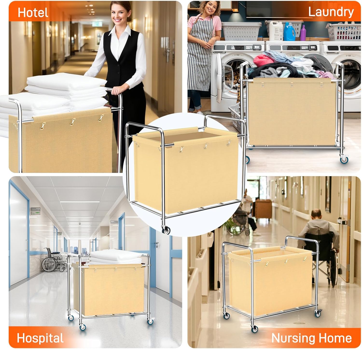 Commercial Laundry Cart with Wheels, 400L Heavy Duty Laundry Cart on Wheels for Home & Hotel, Waterproof Oxford, Sturdy Steel Frame, Easy to Install(Beige)