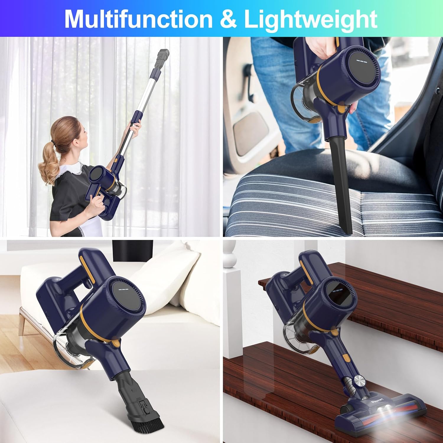 N7S Cordless Vacuum Cleaner, 6-in-1 Lightweight Stick Vacuum with Powerful Suction, 6-Cell 2200mAh Rechargeable Battery, Handheld Vacuum Cleaners for Pet Hair, Carpet, Floor (Indigo)