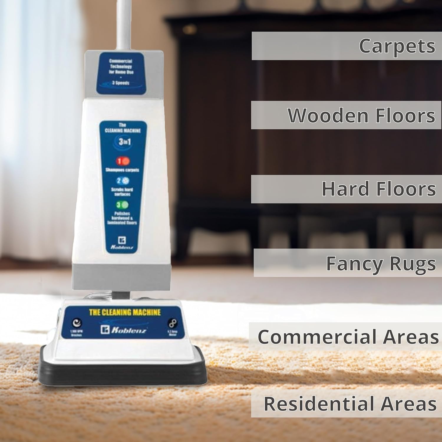 Koblenz Floor Shampooer and Polisher, Hard Floor Cleaner, Carpet Cleaning Machine with Scrubbing Brushes, Polishing Pads, and Carpet Shampoo, 3 Speeds, Blue/Gray (P-820 BA)