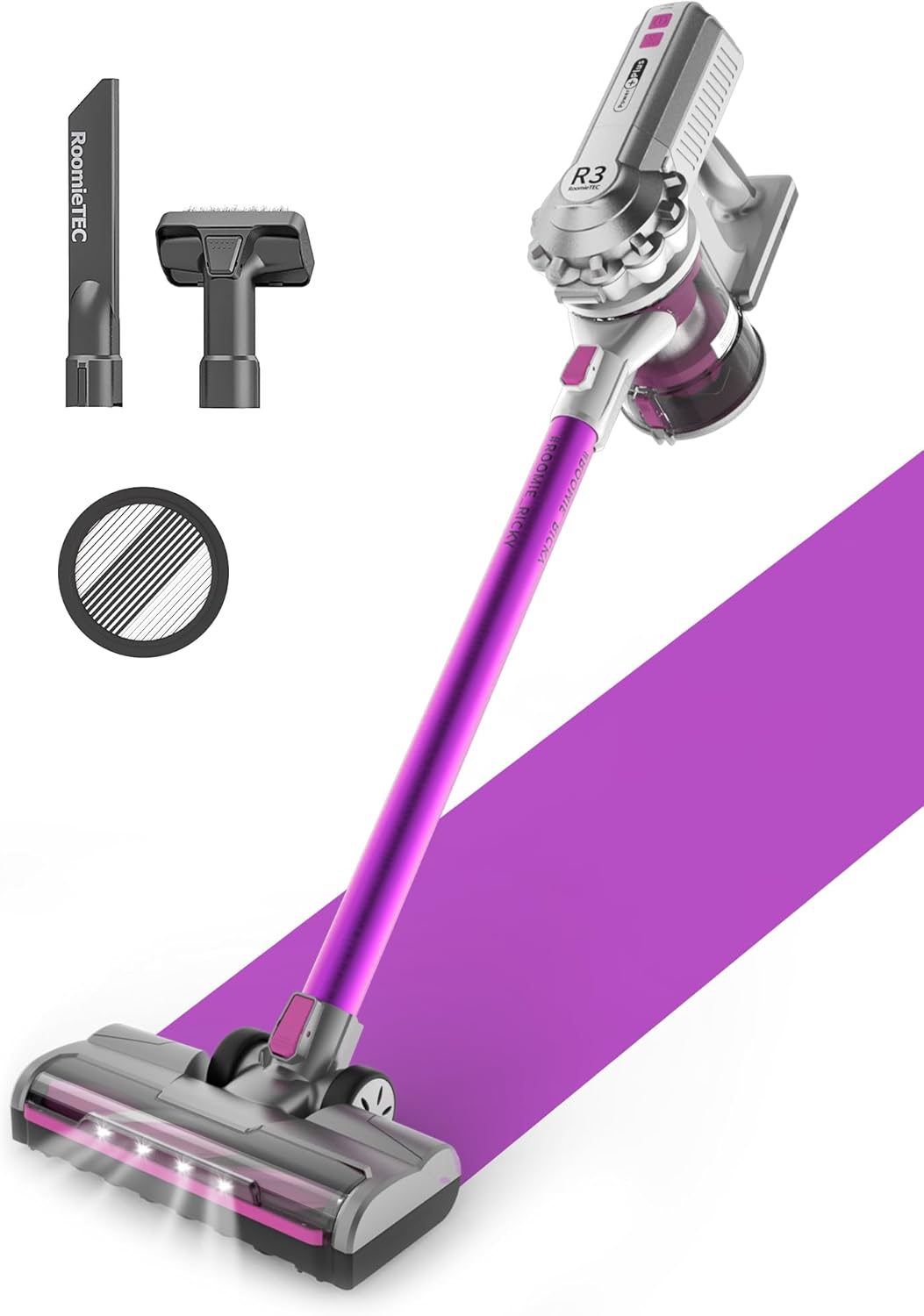 ROOMIE TEC R3 Cordless Stick Vacuum Cleaner, Fadeless Suction Power for Floor and Carpet, Up to 43 Min Powerful Battery, Bagless, Large Capacity, Extra Wide Roller, LED Headlights, and HEPA Filtration