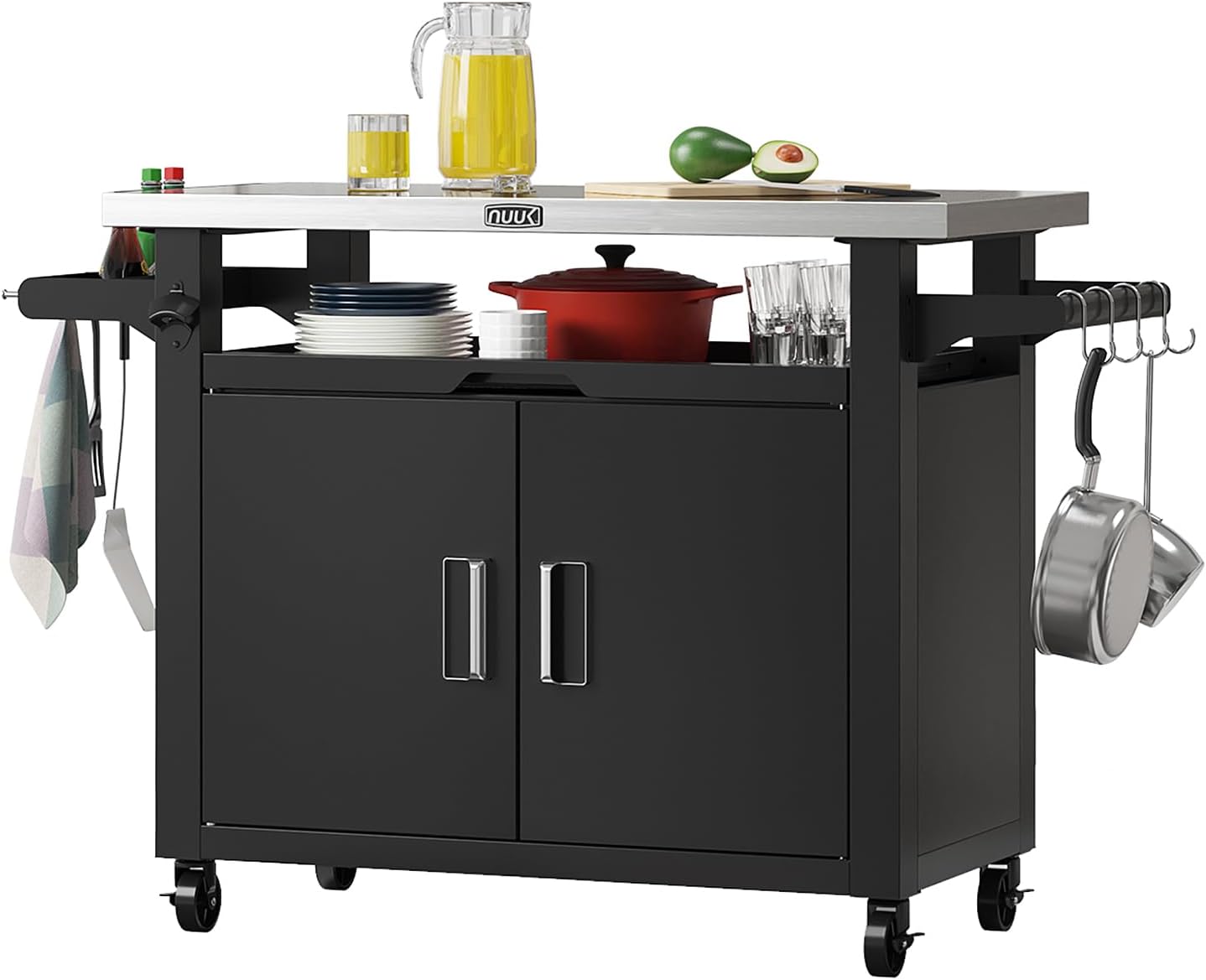 NUUK Outdoor Grill Cart with Storage Cabinet Metal Kitchen Island Prep Table with Movable Universal Wheels