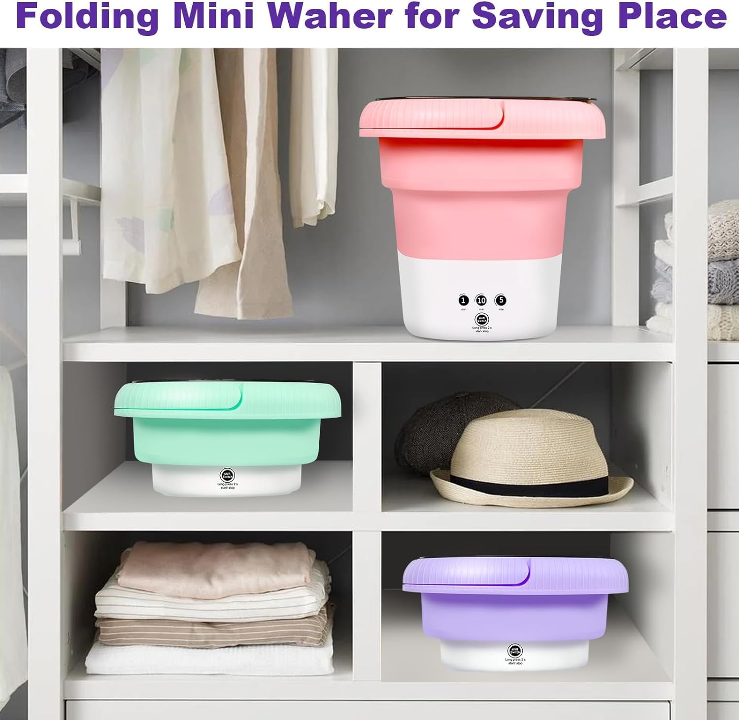 6.5L Folding Washing Machine,Portable Washing Machine,Small Washer with 3 Modes Deep Cleaning & Spin-dry,Easy to Carry,Suitable for Apartments, Dormitories, Camping, RV, Travel,Hotels-Purple