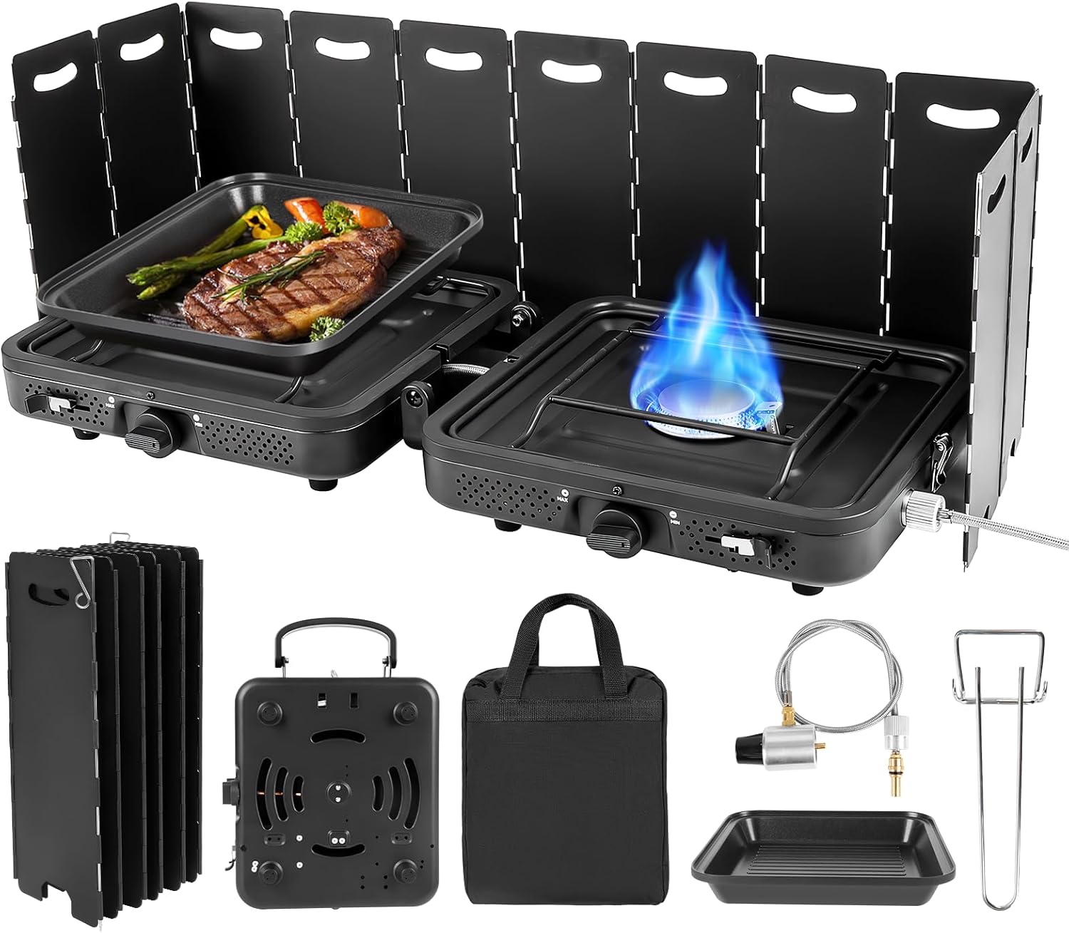 2 Burner Propane Camping Stove, 17200 BTU Adjustable Burners, Foldable Propane Camp Stove with Grill & Windscreen, Double Burner Portable Folding Gas Stove with Carry Bag for Outdoor Camping BBQ