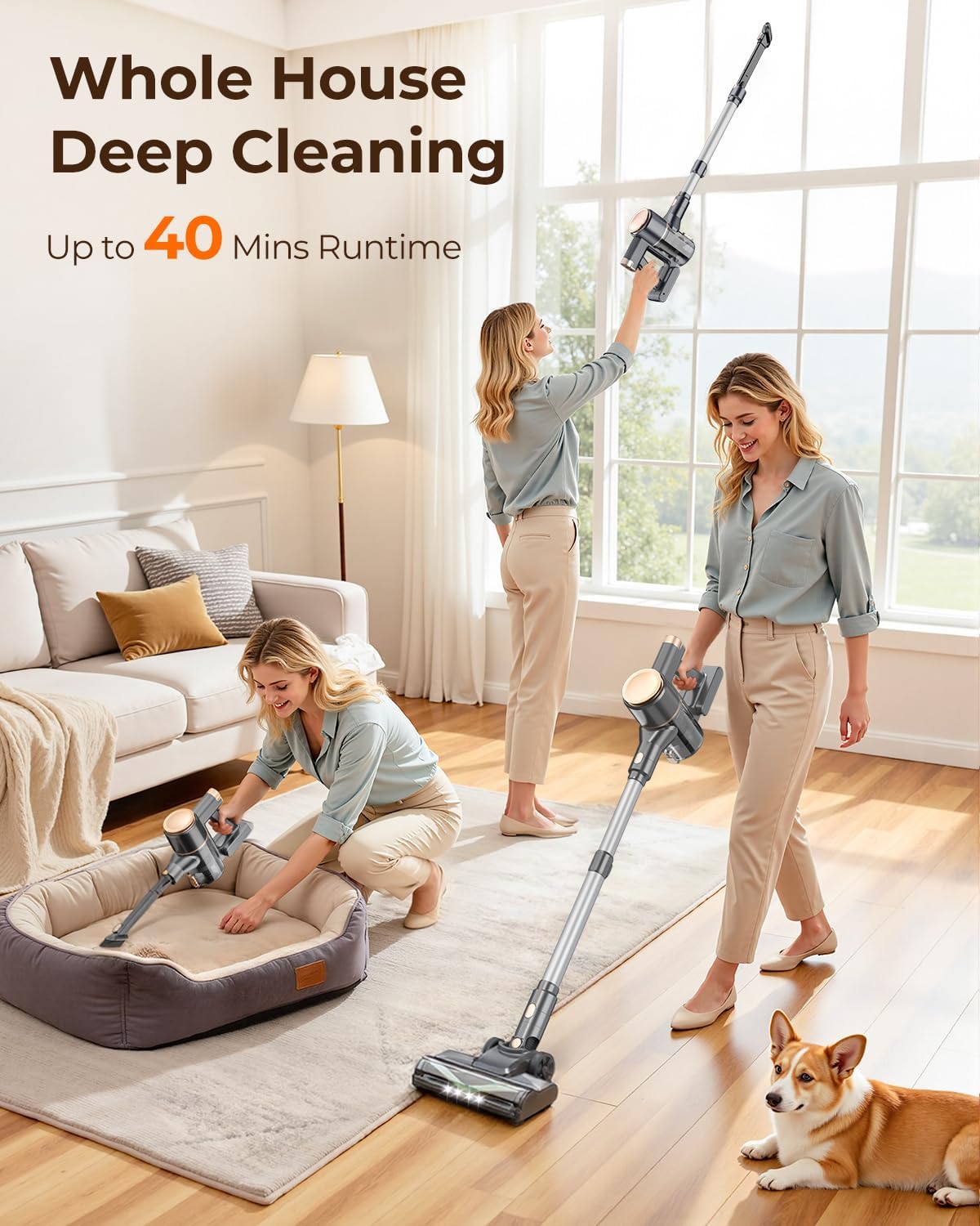 N8 Cordless Vacuum Cleaner,Lightweight Stick Vacuum with Powerful Suction,2200mAh Battery,40 Mins Runtime,Self-Standing,Rechargeable Vacuum Cleaners for Home Hardwood Floor Carpet Pet Hair (Gold)