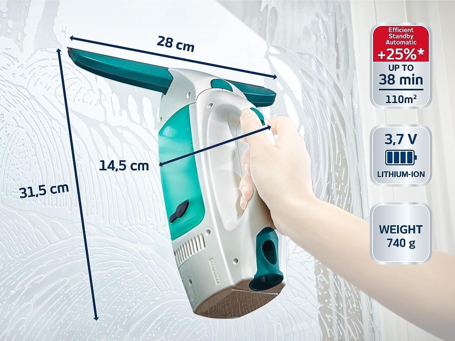 Leifheit Window Vacuum Cleaner Dry&Clean, Modular with Unique Handle System and Intelligent Standby, Window Cleaner, Battery-Powered, White Blue