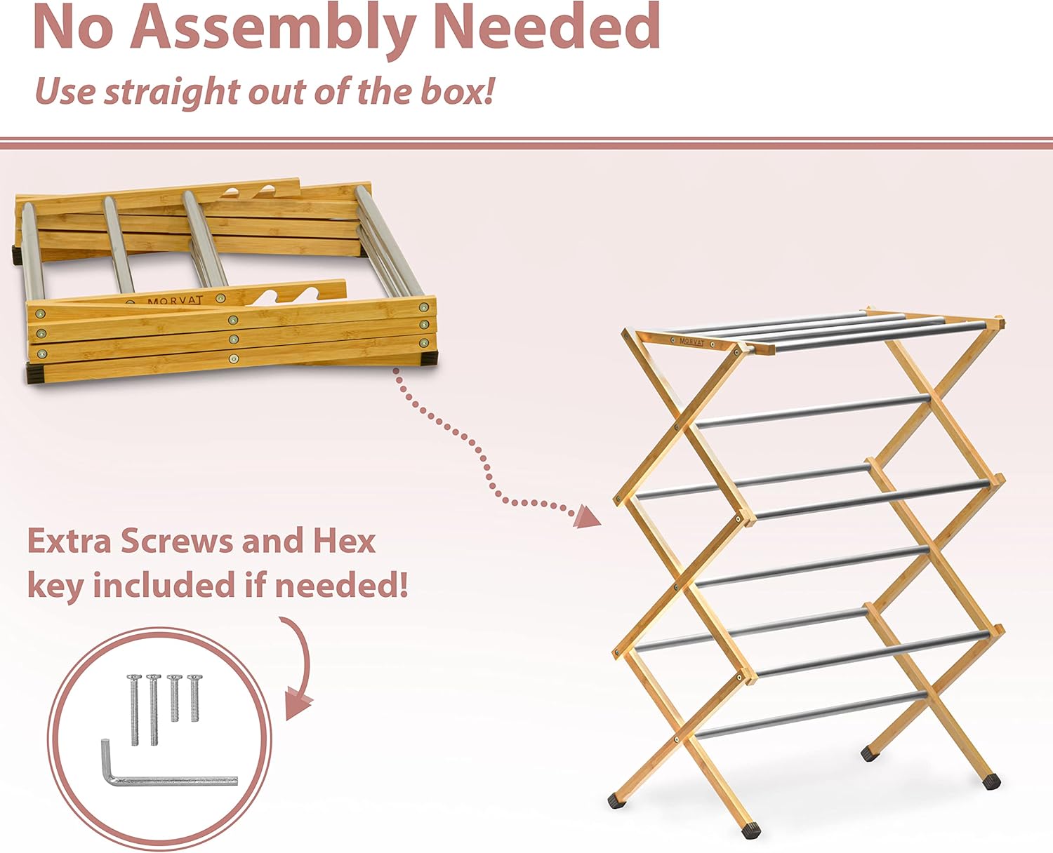 Morvat Premium Bamboo Wooden Folding Clothes Drying Rack with Metal Poles, Fully Assembled, Anti-Slip Grips, Adjustable Height, 11 Poles with 23FT of Drying Space for Laundry, Collapsible