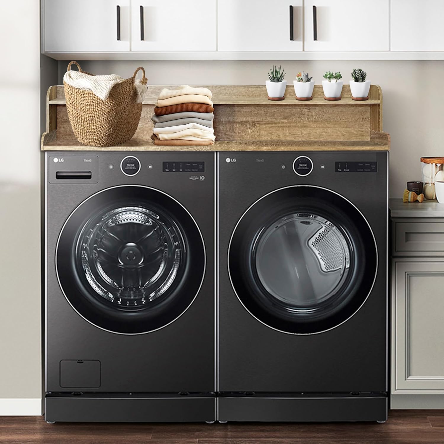 Royxen Laundry Countertop with Storage Universal Fit, Washer and Dryer Countertop with Shelf, Laundry Room Storage, 2-Tier Shelf, White Oak