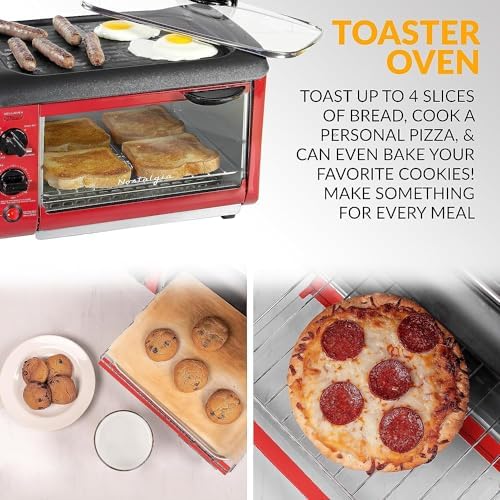 Nostalgia 3-in-1 Breakfast Station - Includes Coffee Maker, Non-Stick Griddle, and 4-Slice Toaster Oven - Versatile Breakfast Maker with Timer - Red