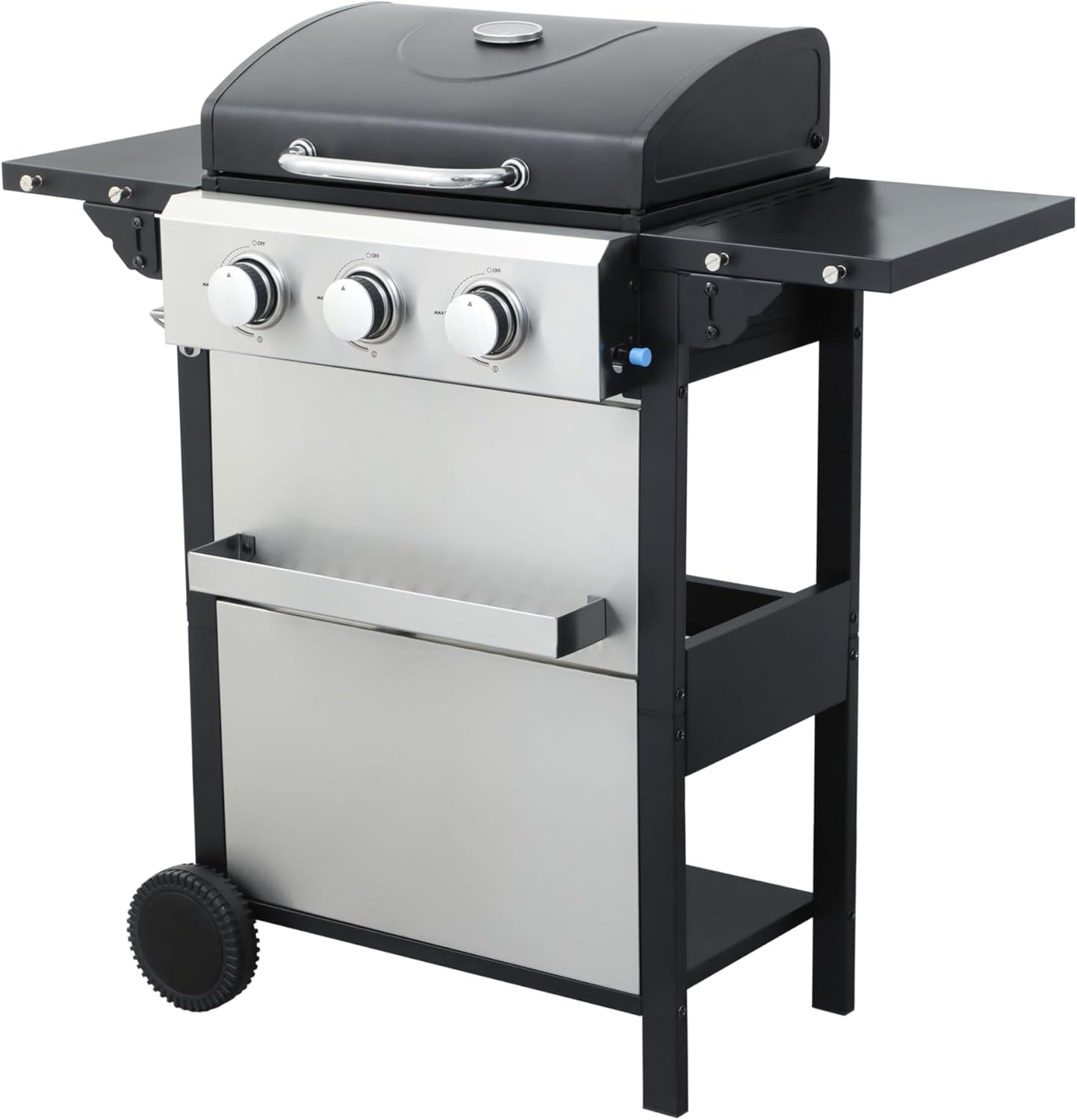 3-Burner Propane Gas Grill, 25650 BTU, 41-Inch Wide with Foldable Side Table, Bottle Opener, Black and Silver