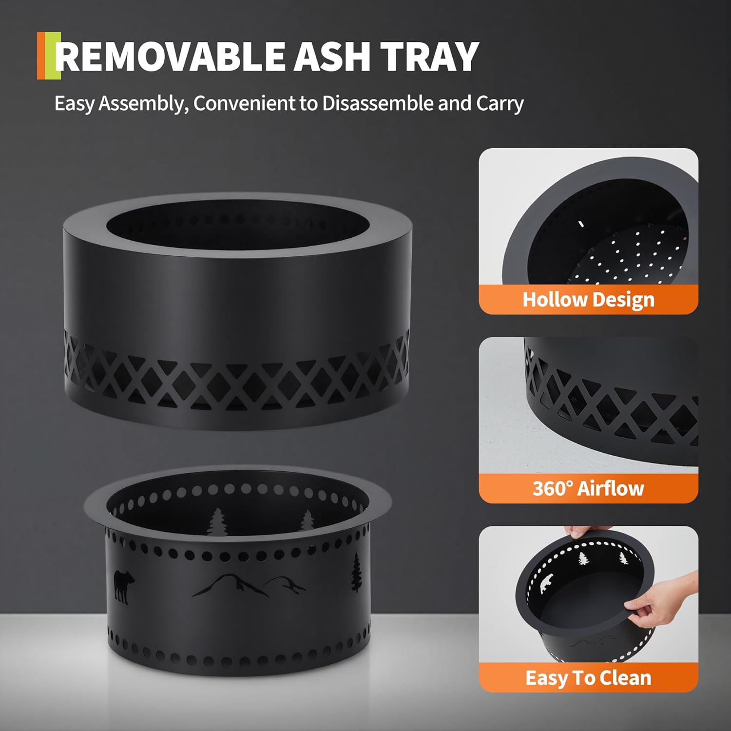 16in Smokeless Wood Burning Fire Pit Table - with Removable Ash Pan & Dust Bag, Outdoor Fireplace for Patio Camping, Bonfire, Backyard BBQ