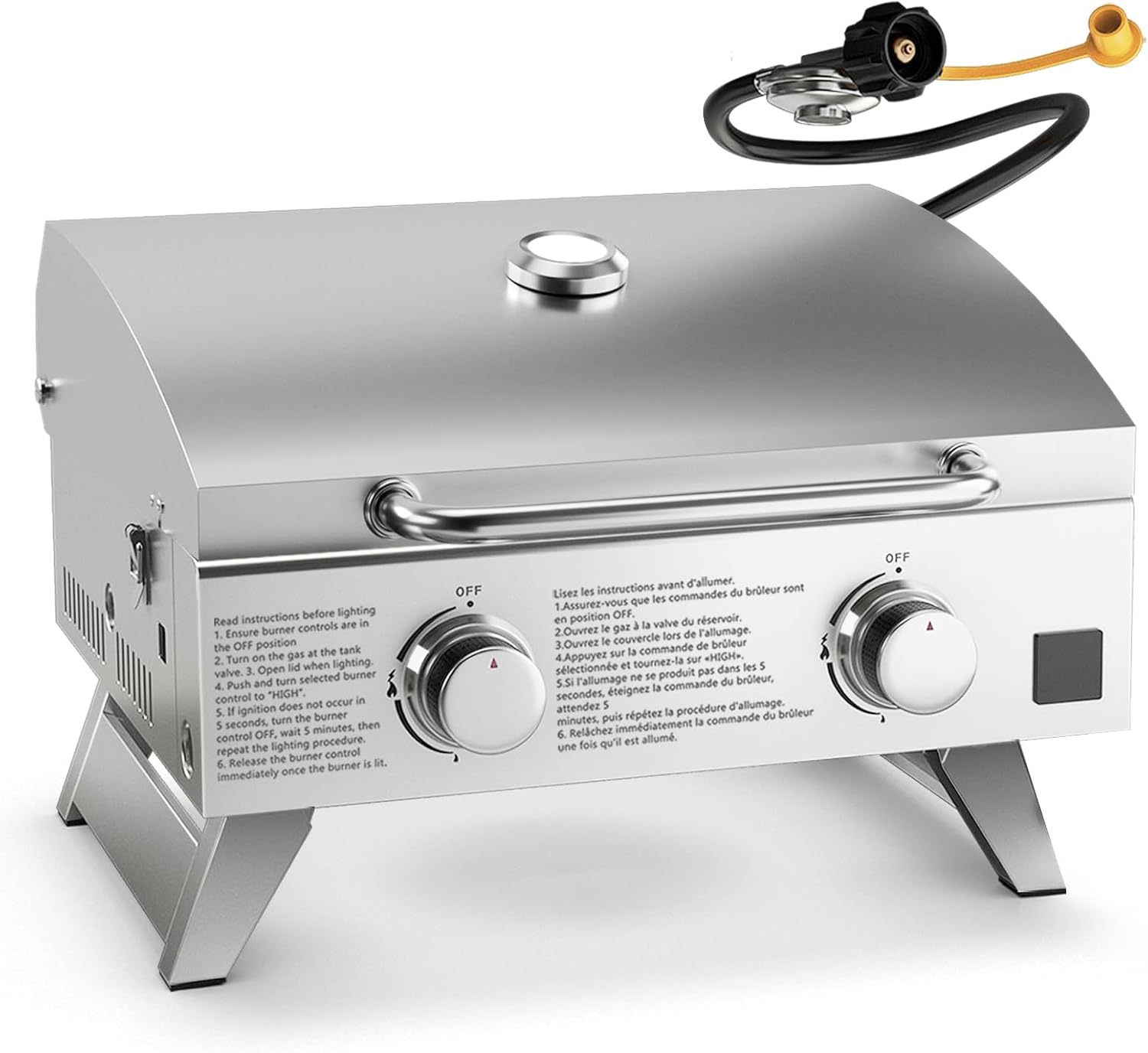 HAPPYGRILL Portable Gas Grill with 2-Burner, 20,000 BTU Total Stainless Steel Tabletop Propane Grill w/Handle, Built-in Thermometer & Extra Flame Rod, Foldable Legs for Outdoor RV BBQ Camping Picnic