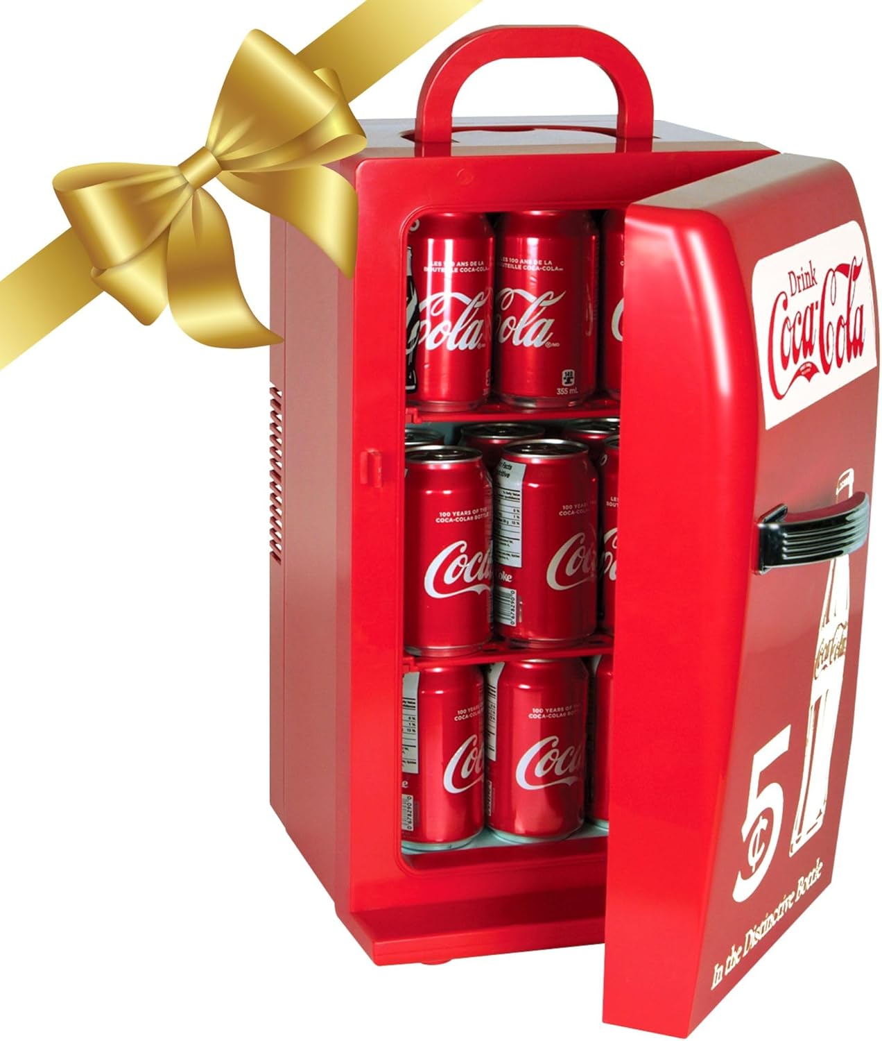 Coca-Cola Retro 18 Can Mini Fridge w/ 12V DC and 110V AC Cords, 22L (23 qt), Portable Cooler, Red, Travel Fridge for Drinks, Snacks, Lunch, Home, Office, Dorm Room, RV