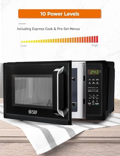 COMMERCIAL CHEF 0.9 Cubic Foot Microwave with 10 Power Levels, Small Microwave with Grip Handle, 900W Countertop Microwave with Digital Display, Door Lock and Kitchen Timer, Black