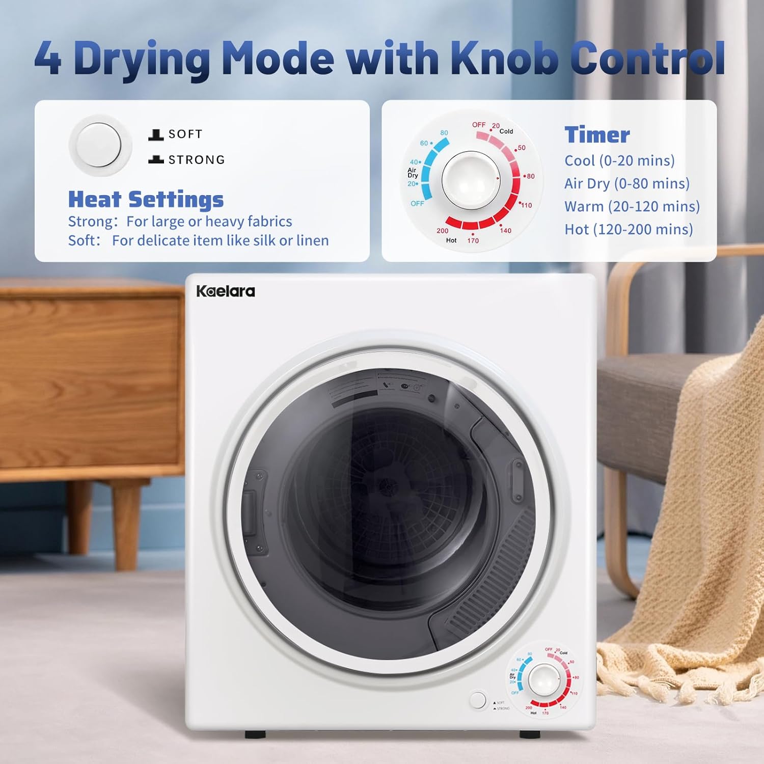 Portable Dryer, 3.5 Cu.ft Portable Dryers for Laundry with Stianless Steel Tub, 15000W Clothes Dryer Machine for Home, Apartment, 4 Dring Mode, Auto-shutt off, White