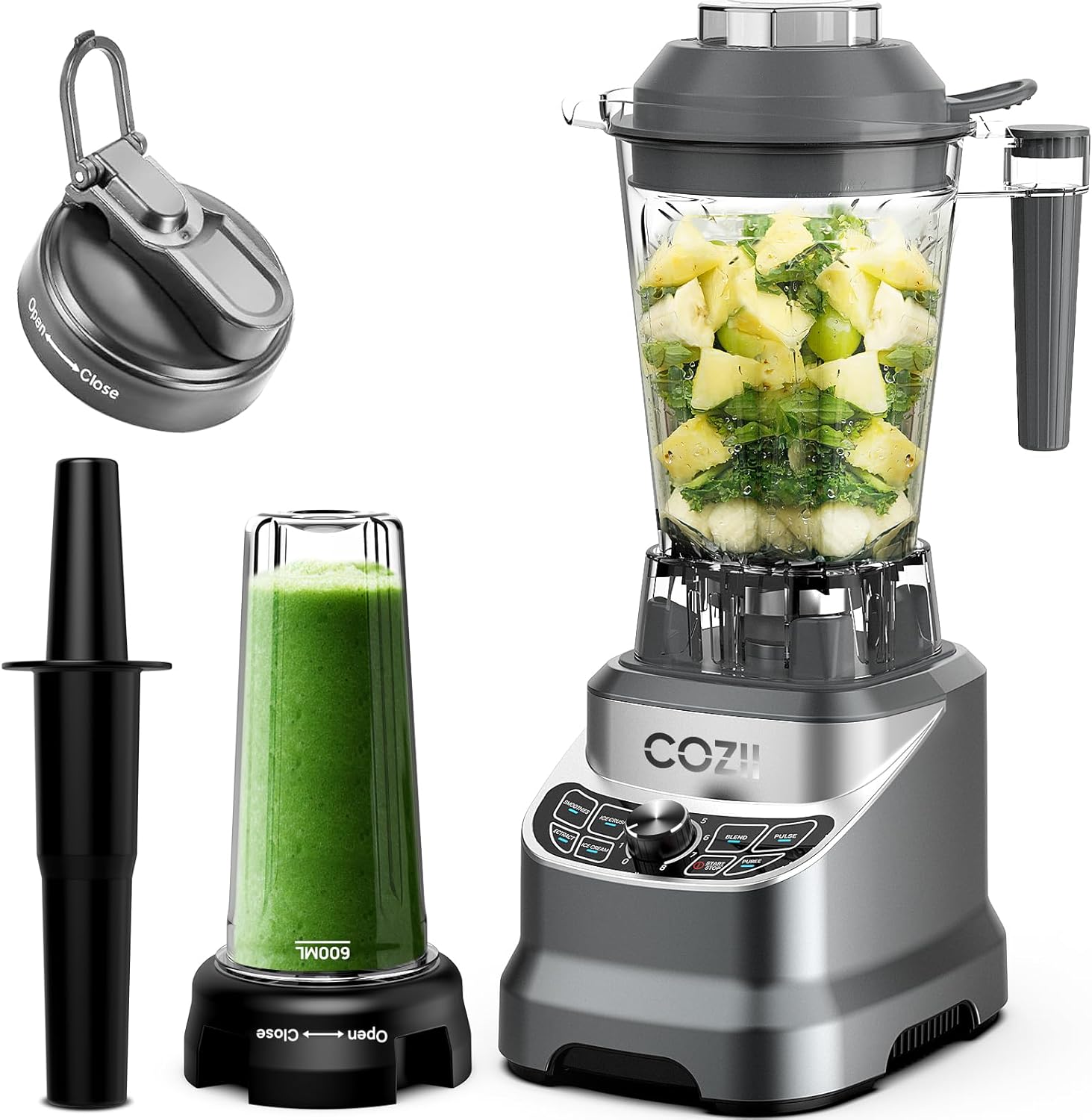 Blender 2000Watt, Countertop Blenders for Kitchen,64 Oz Pitcher/21-Oz To-go Cup, 7 Preset Programs for Ice Crush/Frozen Drinks/Nut Butter, High Speed, Dark Silver