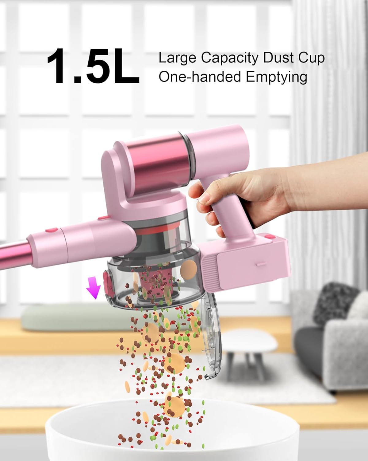 Pink Cordless Vacuum Cleaner, 550W 45KPA Turbo Suction, 60 Mins Runtime, Self-Standing with LED Display, Anti-Tangle Brush, Stick Vacuum Cleaner for Home Hardwood Floor, Carpet, Pet Hair