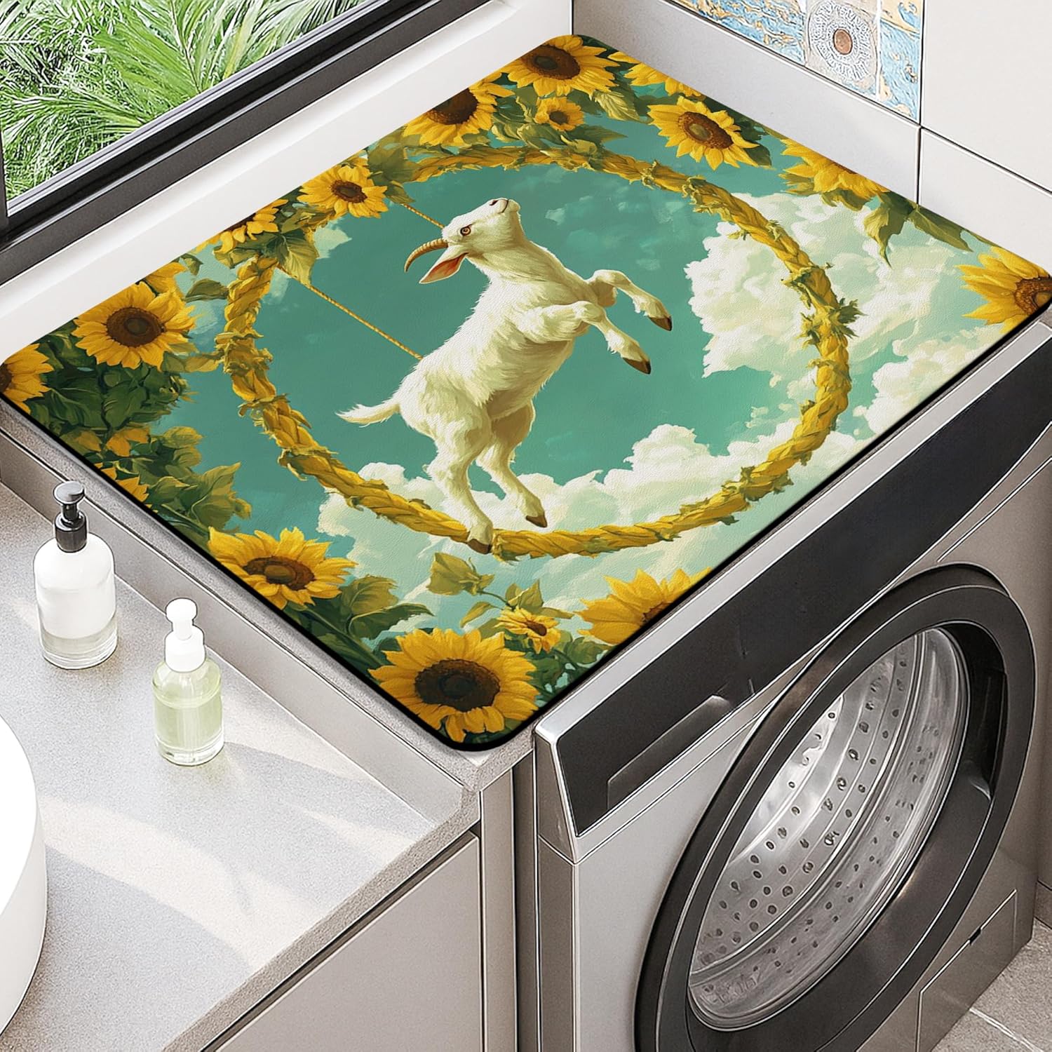 Sunflower Washer Dryer Top Protector Mat, Vintage Floral Laundry Machine Dust Covers, Rustic Rubber Anti-slip Waterproof Washer and Dryer Mats for Laundry Room 20x24 Inch