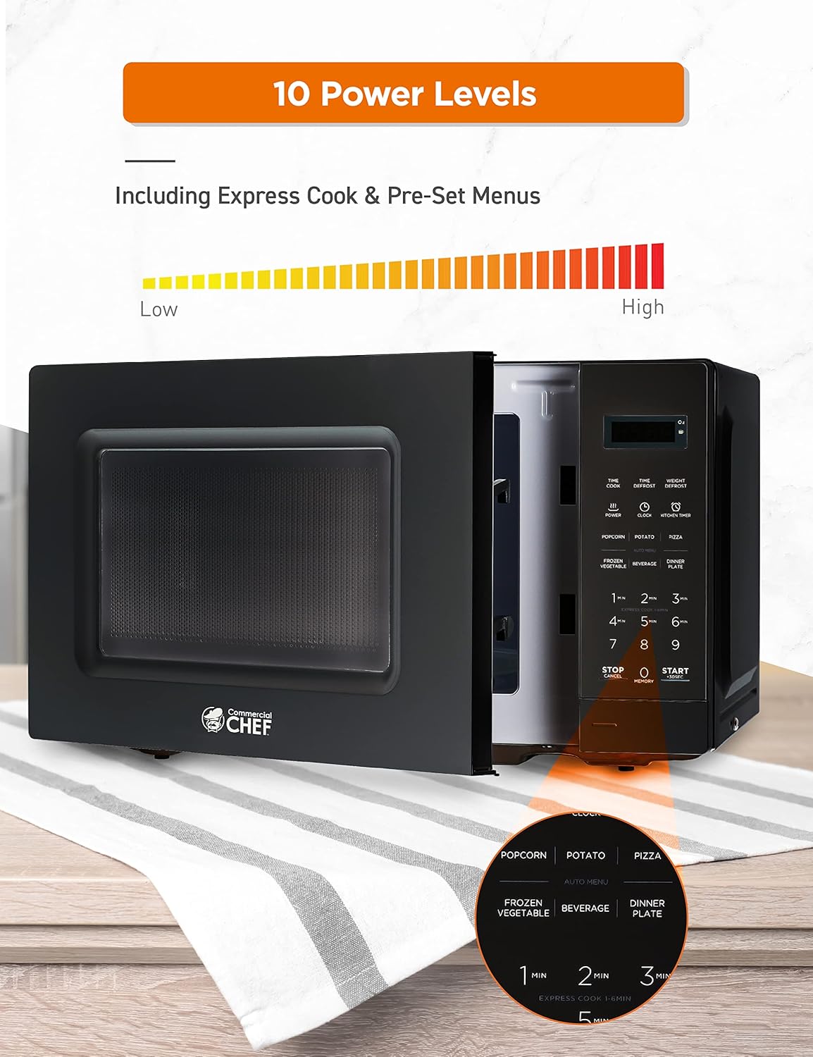 Commercial CHEF Small Microwave 0.7 Cu. Ft. Countertop with Digital Display, Black & Elite Gourmet ETO236 Personal 2 Slice Toaster Oven 15 Minute Timer