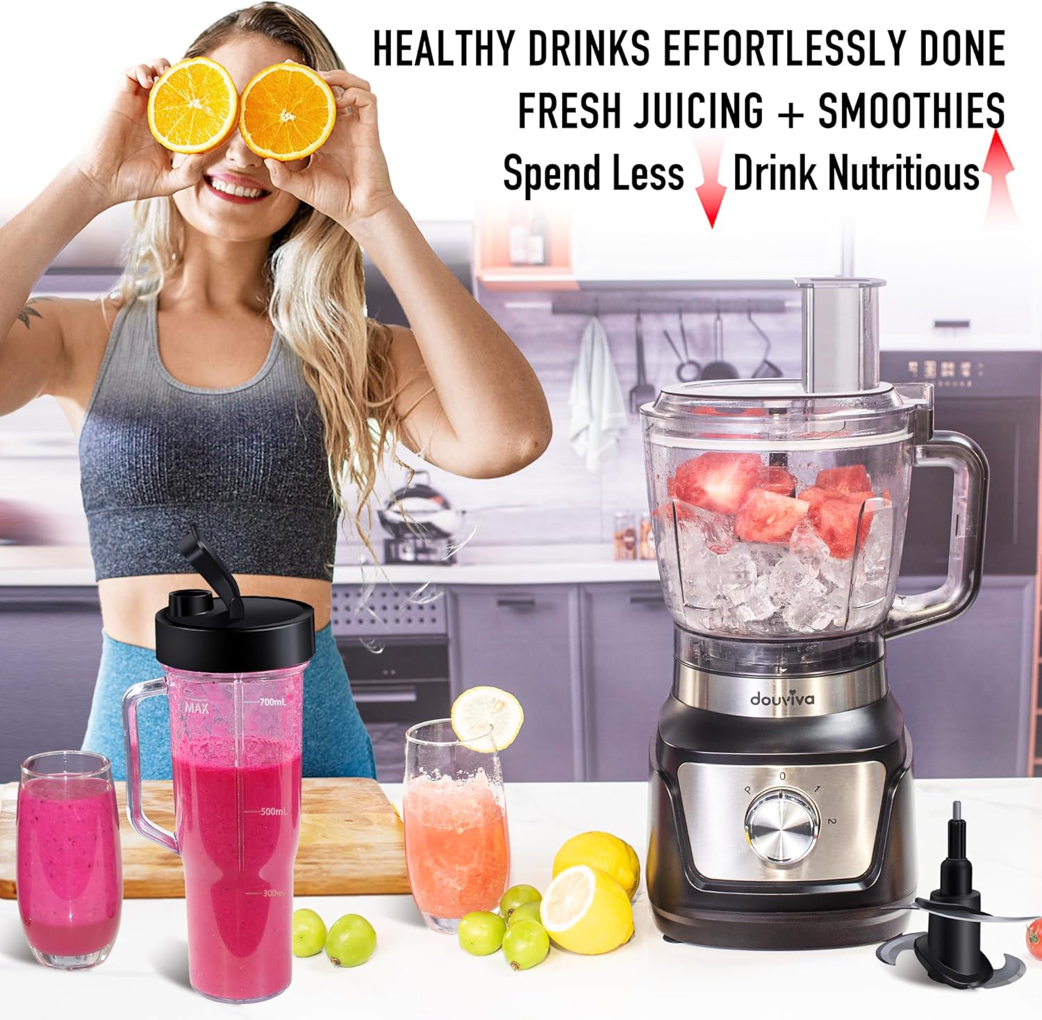 Food Processor Blender Combo,3-1 Countertop Blender with 8-cup Processor Bowl,Grinder,24oz To-Go Lid Cup,1000W Blenders for Kitchen with Smoothies&Shakes, Electric Cheese Grater/Shredding,Dough