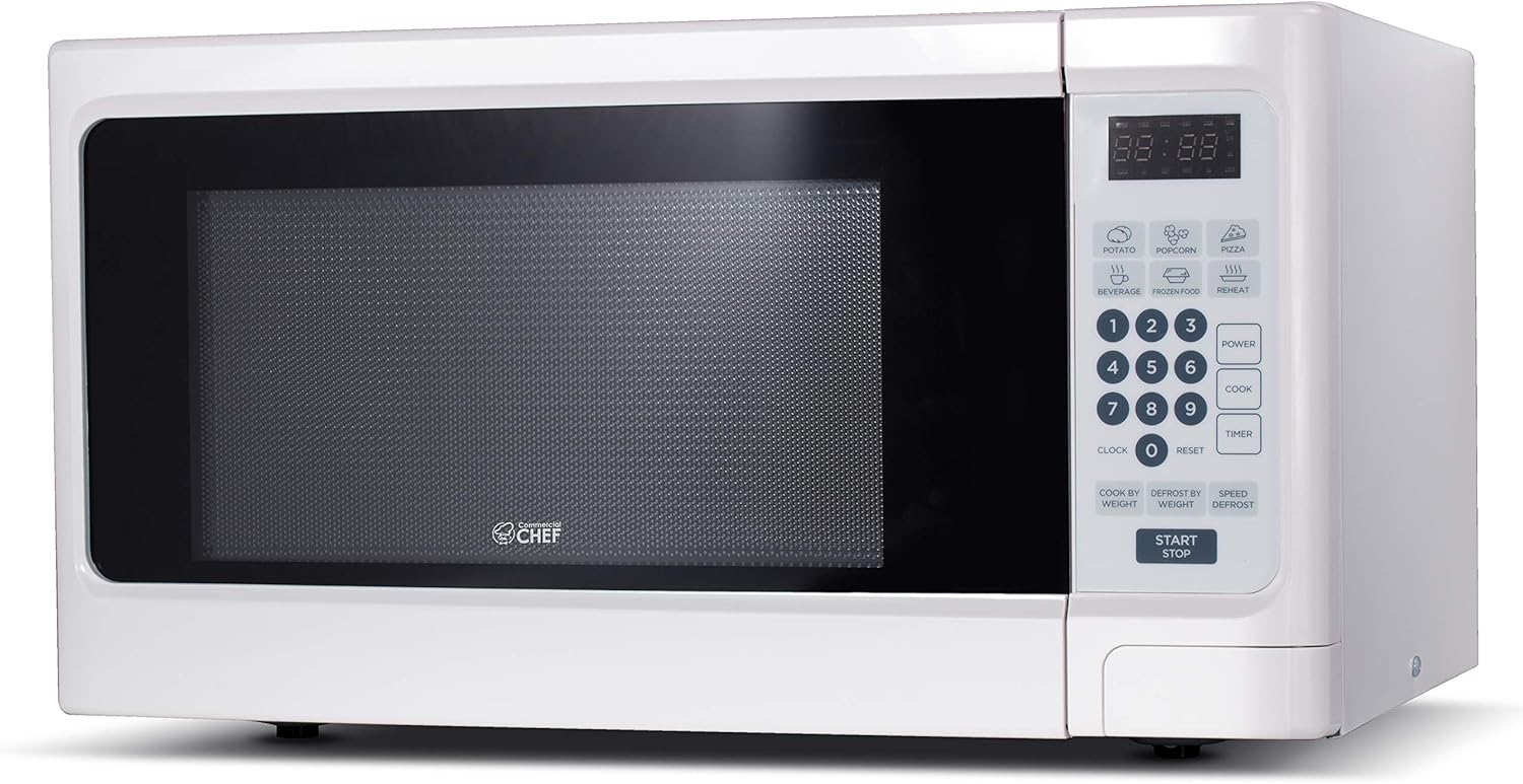 Commercial Chef Countertop Microwave, 1.1 Cubic feet, White & BLACK+DECKER 4-Slice Convection Oven, Stainless Steel, Curved Interior fits a 9 inch Pizza, TO1313SBD