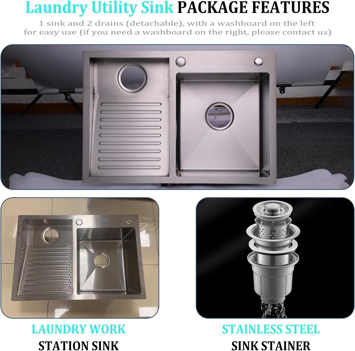 900mm/35.4Inch Laundry Utility Sink With Washboard Stainless Steel Kitchen Sink with Faucet Household Pool Balcony Room Wash Basin Easy Clean Double-Bowl