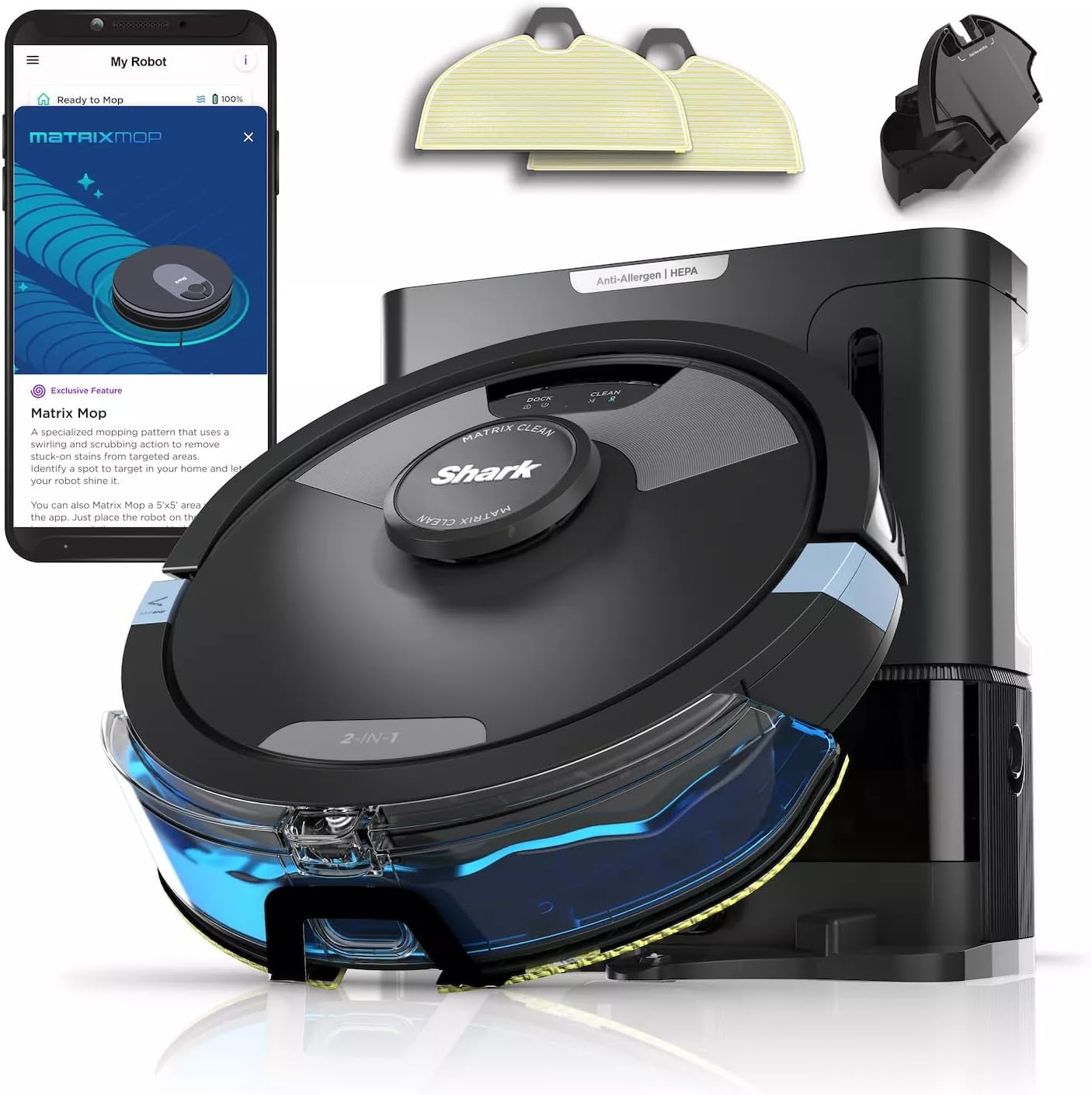 Shark RV2610WA AI Ultra 2in1 Robot Vacuum & Mop with Sonic Mopping, Matrix Clean, Home Mapping, HEPA Bagless Self Empty Base, CleanEdge Technology, for Pet Hair, WiFi, Black/Silver (Renewed)