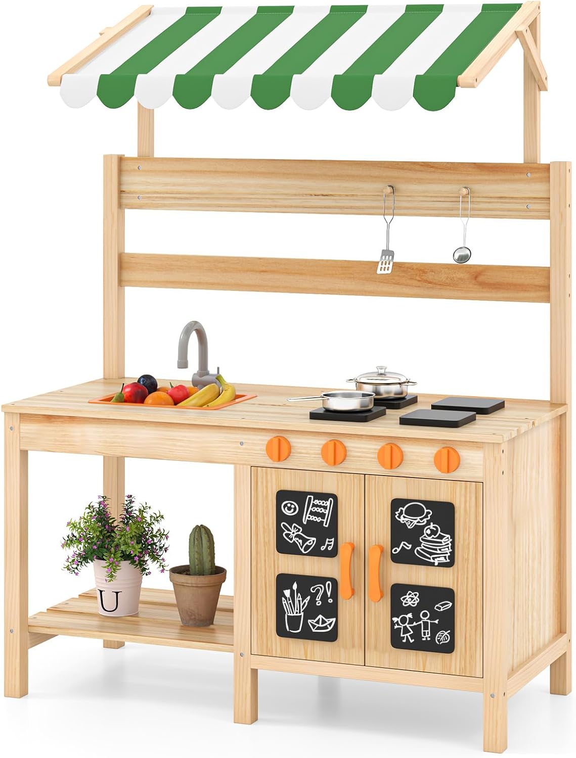 HONEY JOY Mud Kitchen with Canopy, Fir Wood Outdoor Play Kitchen for Toddlers, Faucet & Sink, Blackboard, Cookware, Storage, Mud Table, Mud Kitchen for Kids Outdoors Backyard, Natural (Green Canopy)