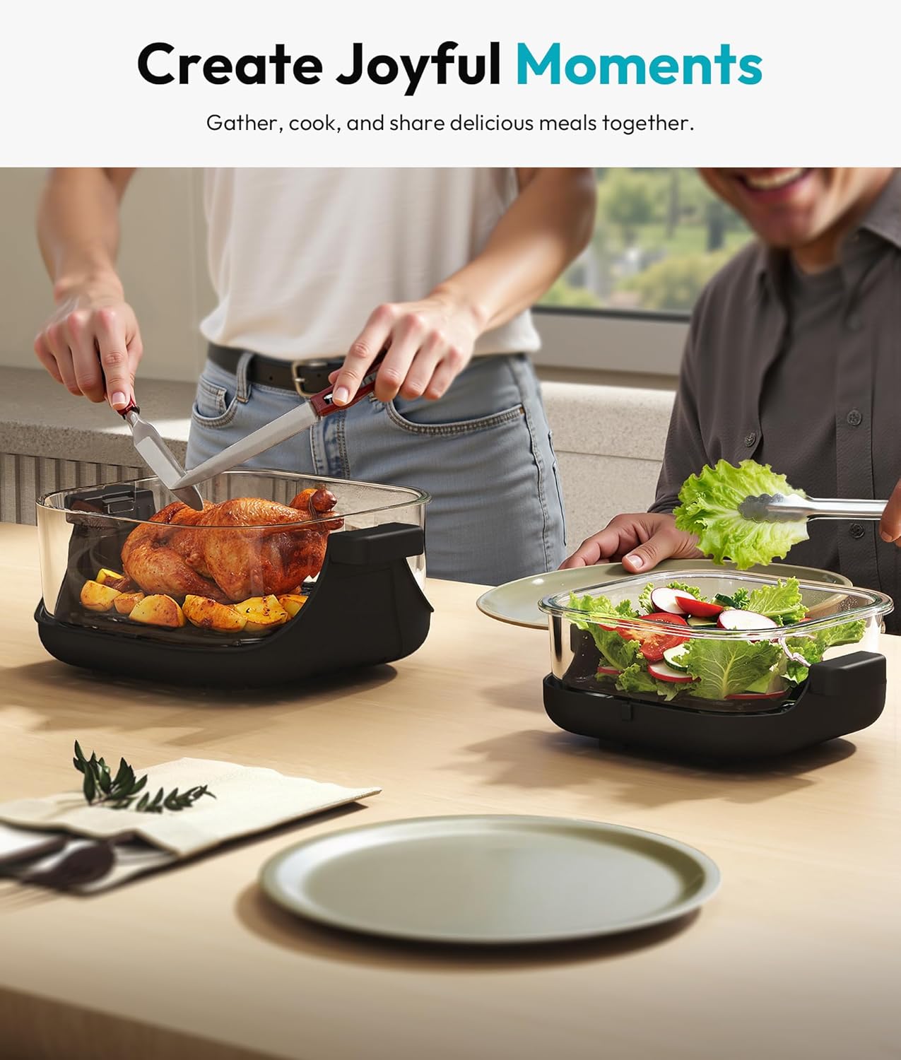 Portable Glass Air Fryer - 1500W, 4.2 QT & 6-Cup Dual Glass Containers with Lids, 4-in-1, 60 Min Timer, 140°F-400°F Adjustable, Microwave, Freezer & Dishwasher Safe, Grey