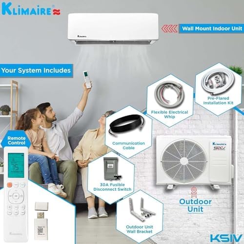 Klimaire 12,000 BTU 21.4 SEER2 Ductless Mini-Split Inverter Air Conditioner Heat Pump System with All-Inclusive 16' Installation Kit, Wall Bracket, Electrical Disconnect Box & Liquid-Tight Whip (230V)