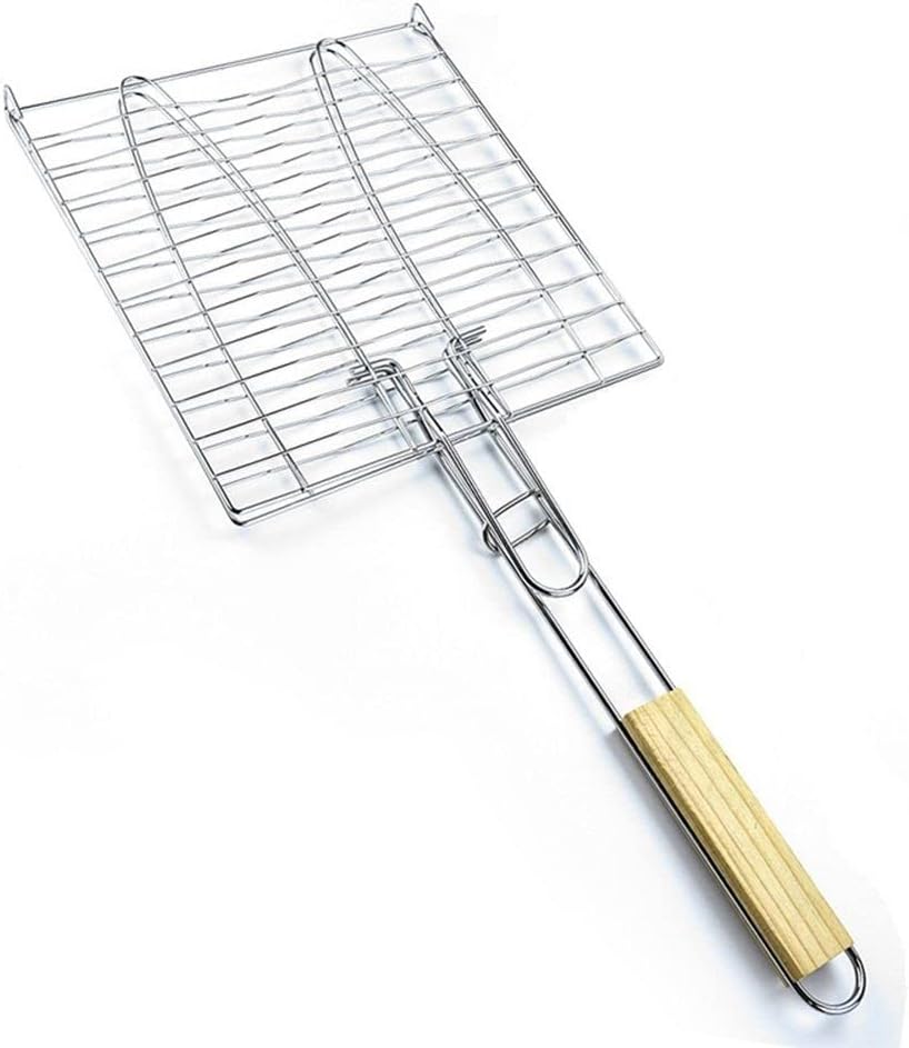 Iron Wire Barbecue Grilling Basket BBQ Net Wooden Handle Meat Fish Clip Holder