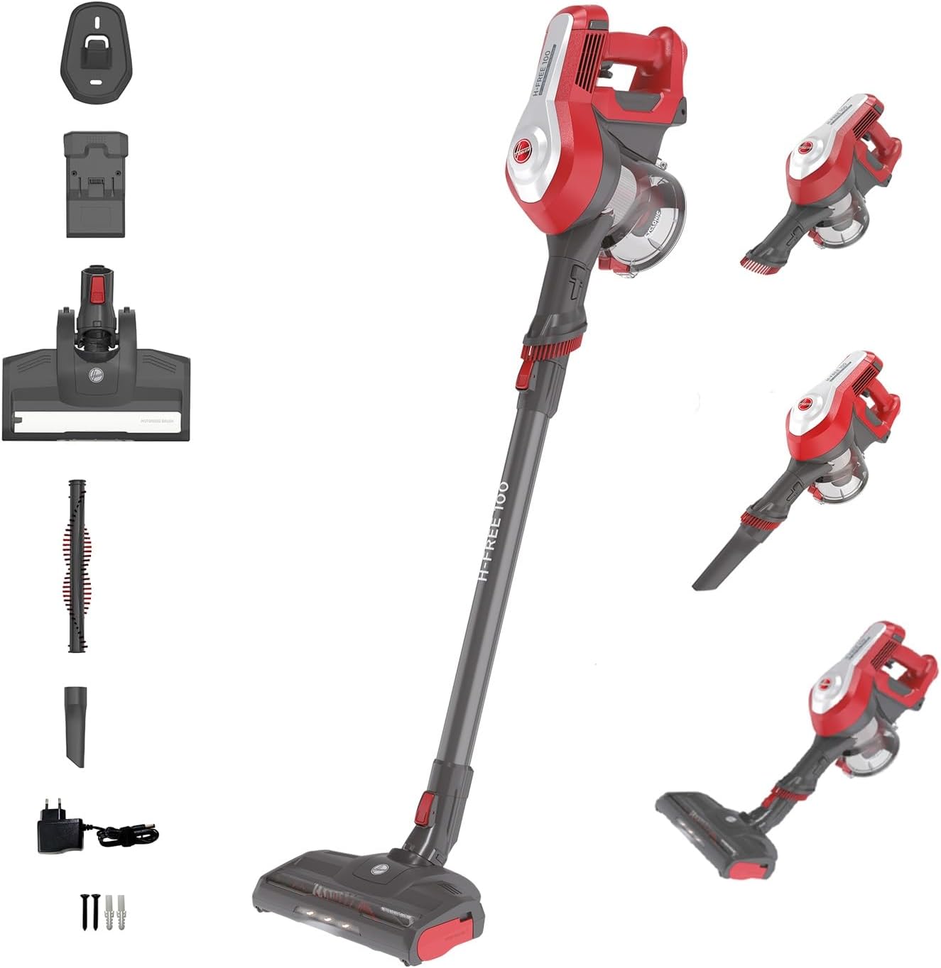 Hoover 39400928 HF122RH 011 Scopa Ricaricabile, H-Free 100, 0.9L, Batteria litio 22 V, 40 minuti, 2 velocità, Home, Griggio Rosso