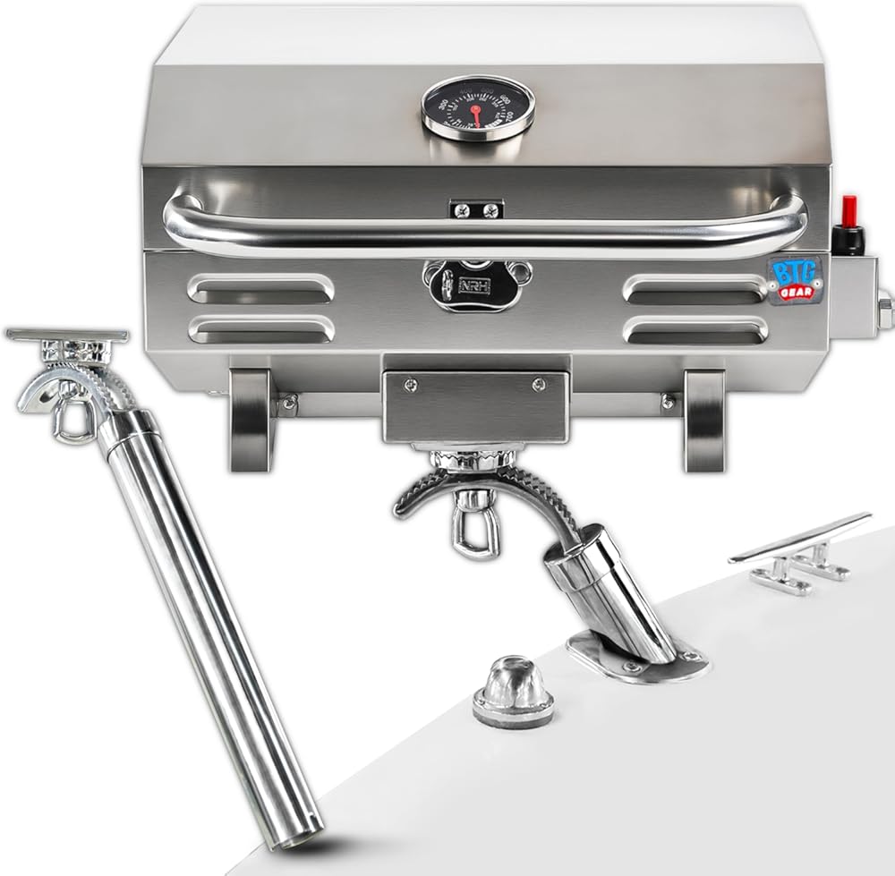 Tailwaves Marine Grill w/Rod Holder Mount | Stainless Steel | Propane BBQ for Boats & Tailgating & Camping | Built in Thermometer | Portable | Fold-away legs