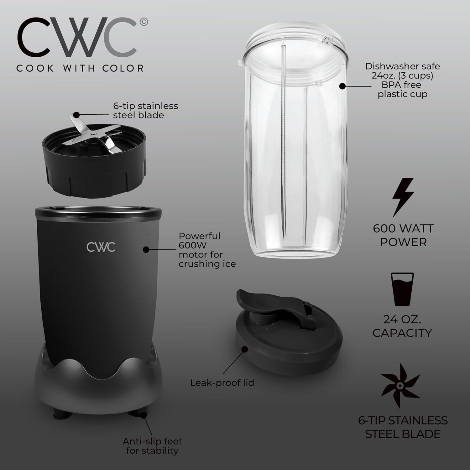 COOK WITH COLOR Personal Power Blender 600W, 24oz Capacity, BPA-Free Jar, Ice-Crushing Blades, Ideal for Smoothies & More, Anti-Slip Feet, Easy to Clean, Black