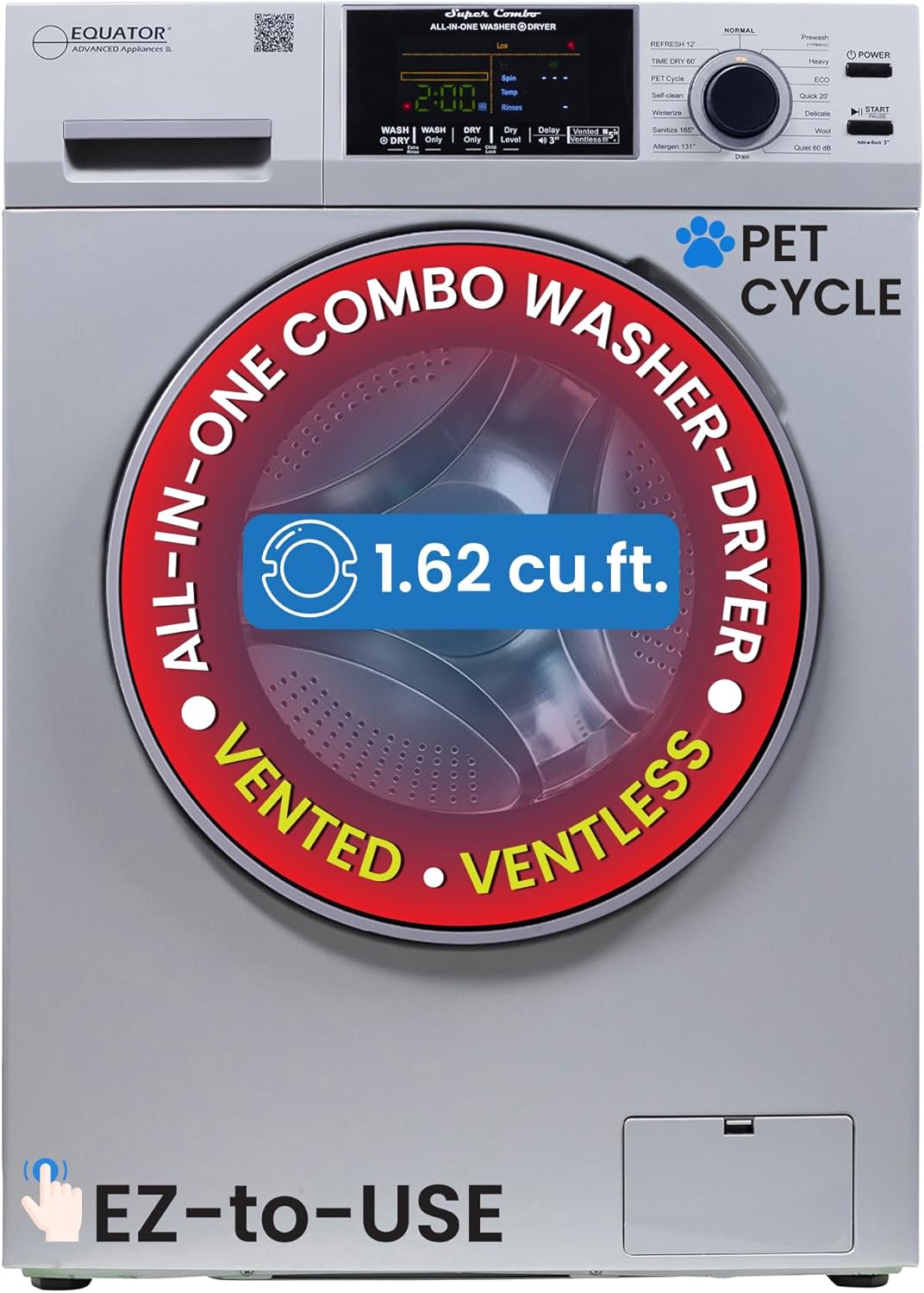 Equator All-in-One 4600 Washer Dryer VENTLESS/VENTED PET Cycle 1.62cf/15lbs 110V (Silver)