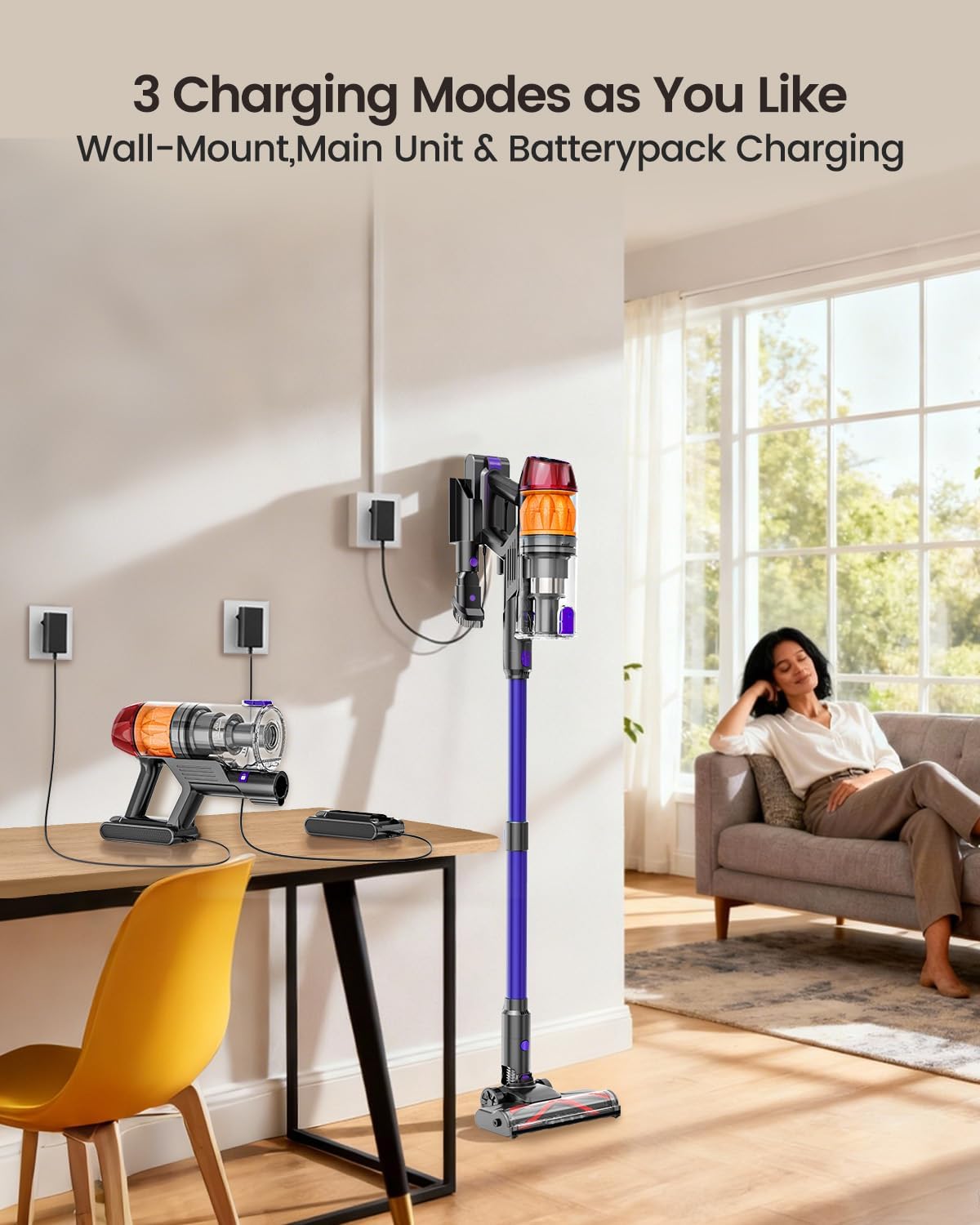 Cordless Vacuum Cleaner,500W 40KPa 60Mins Vacuum Cleaners for Home,Powerful Stick Vacuum With Green Light,Anti-tangle Wireless Vacumm, Rechargeable Vacuum for Pet Hair/Carpet/Hardwood Floor,Purple