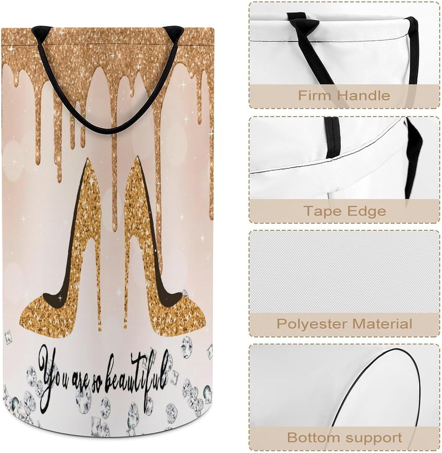 Yellow And High Heel Laundry Basket Large Volume,High Heels Shoe Feminine Glitter Pattern Dirty Clothes Basket Hampers Storage for Dorm And Family 15.7W